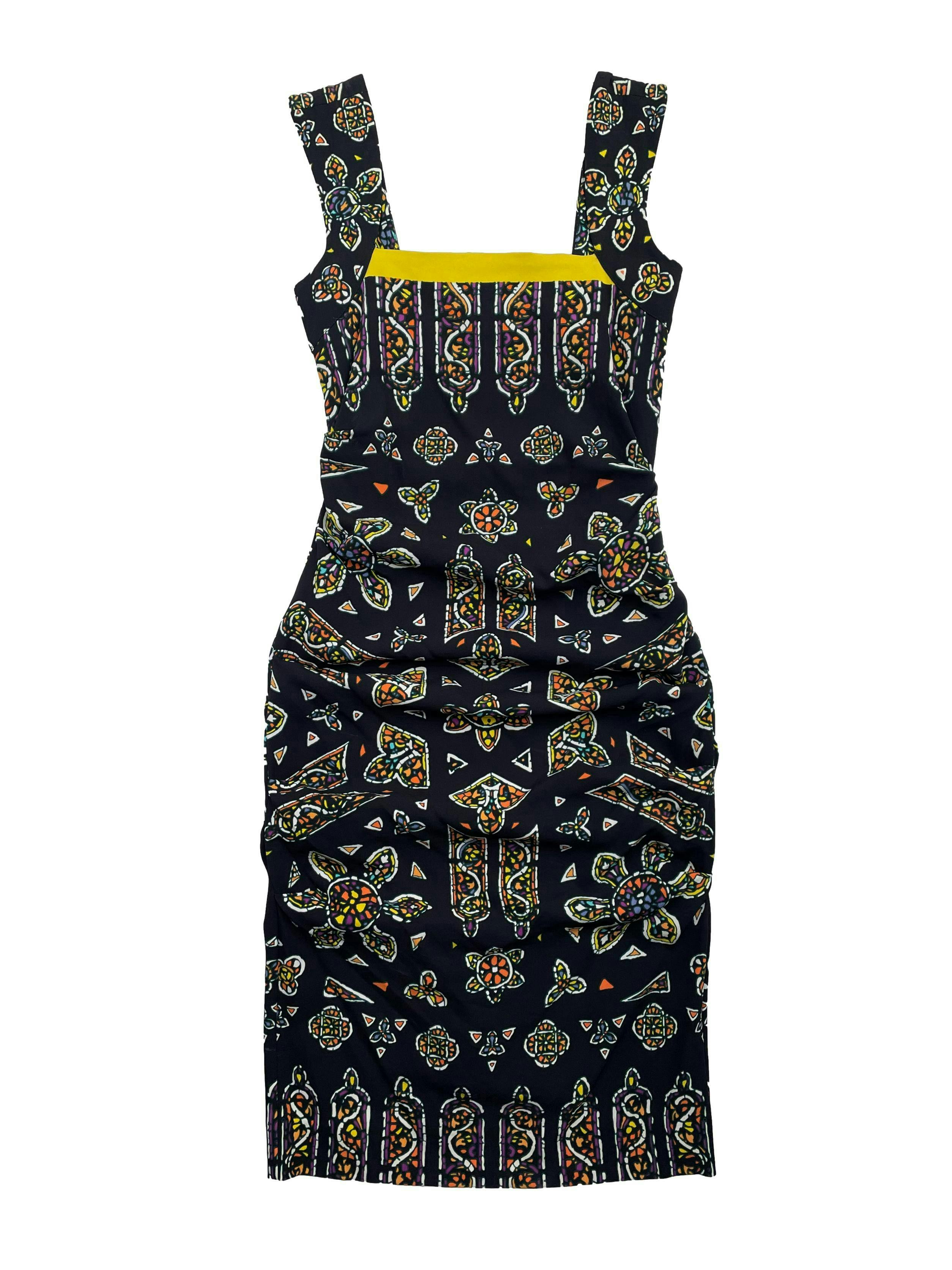 Vestido Nicole Miller (diseñadora inglesa) negro con print étnico y borde amarillo en el pecho, drapeado a los lados. Precio original USD 250 
