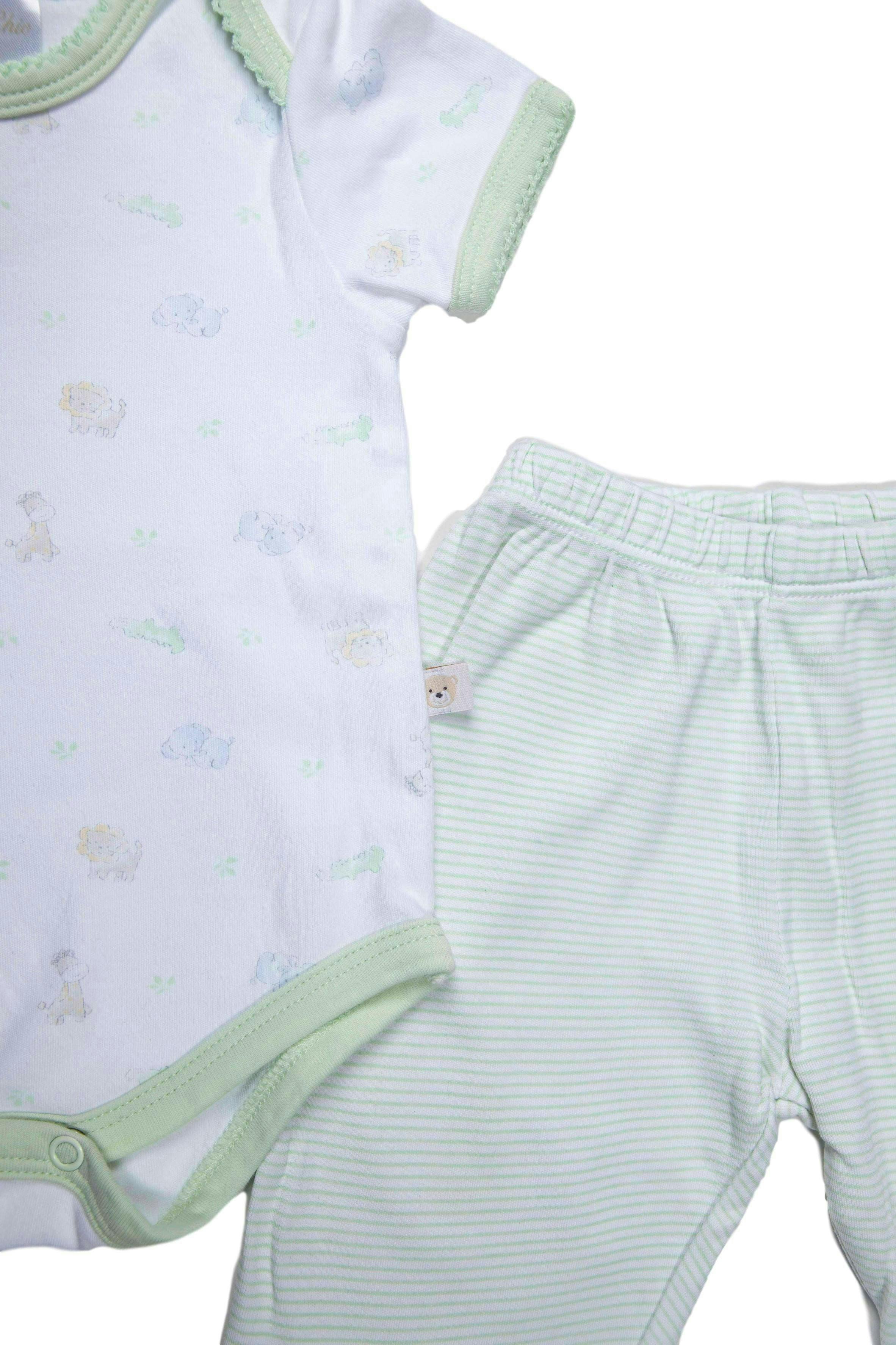 conjunto de body estampado con animalitos y pantalón rayado con pie verde pistacho y crema, 100% algodon - Baby Club Chic