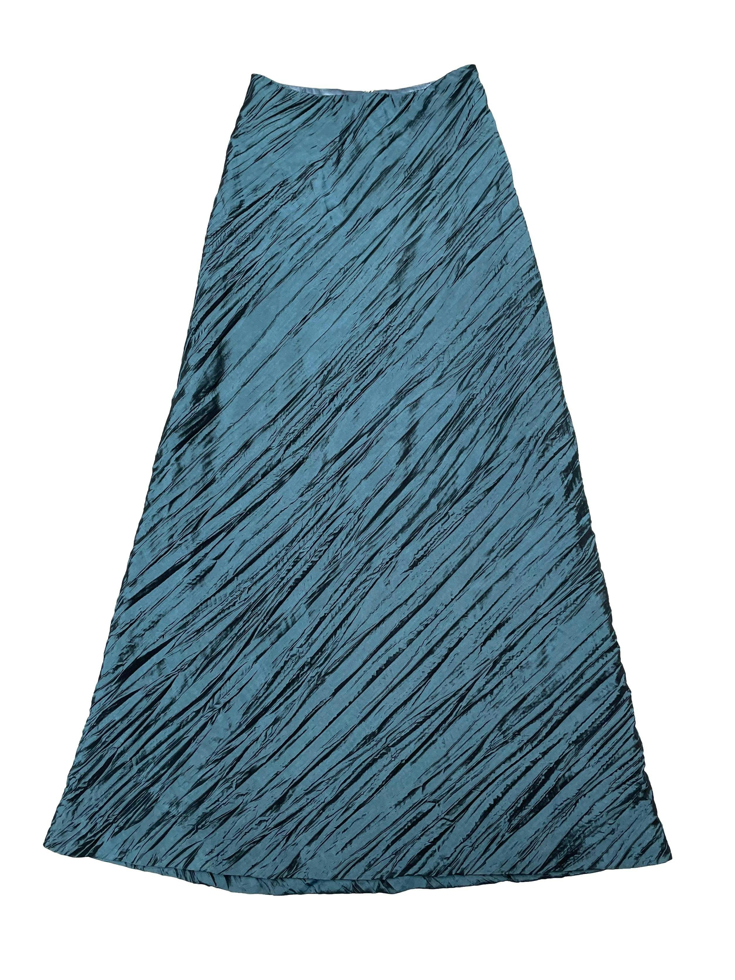 Maxi falda de tela tipo taslán corrugado, línea en A, forrada y con cierre posterior. Cintura 70cm Largo 115cm