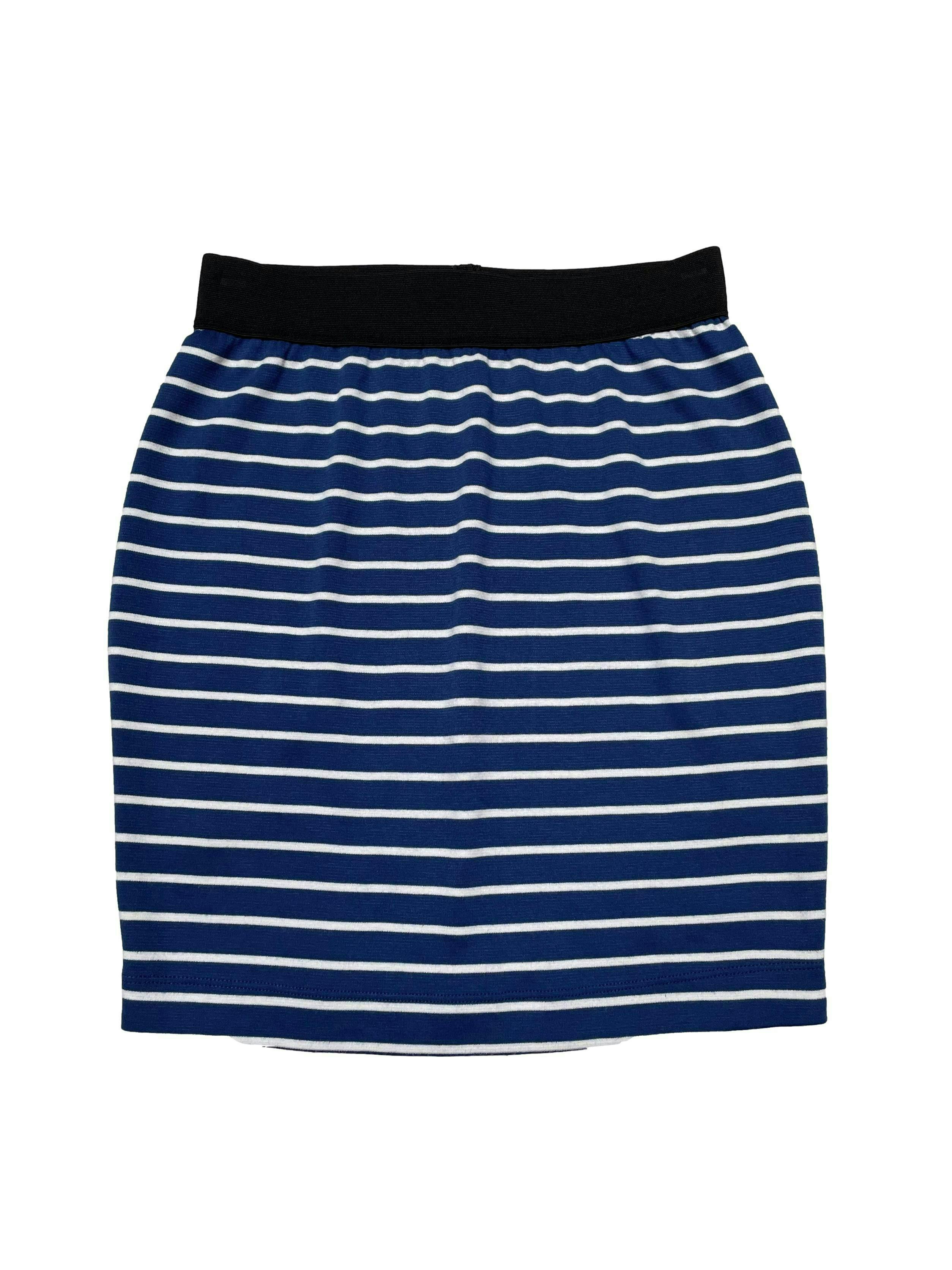 Falda 15.50 pretina elástica negra, falda a rayas azules y blancas tipo algodón stretch. Cintura 66cm sin estirar Largo 45cm