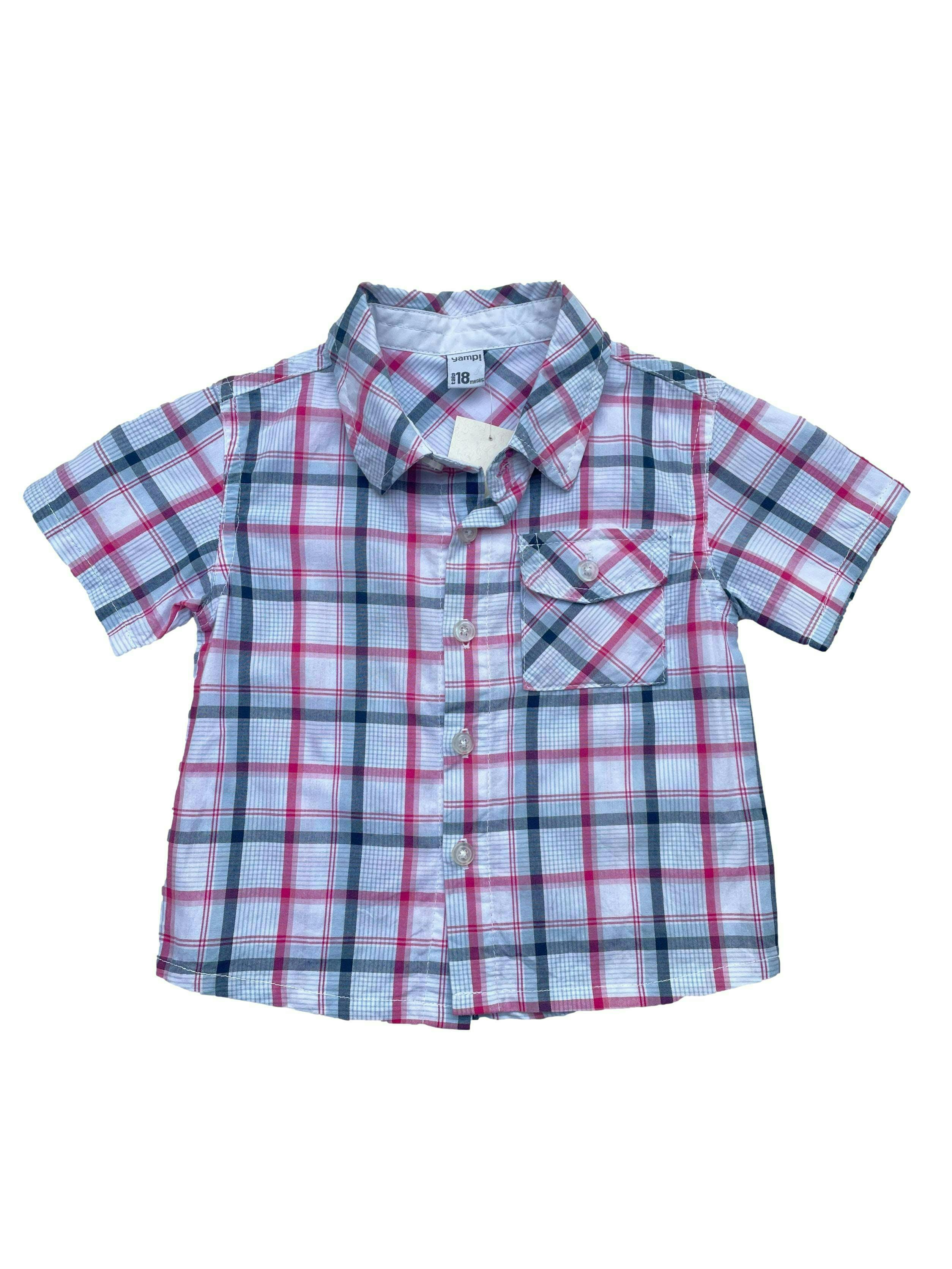Camisa Yamp a cuadros blancos azules y rosados, 100% algodón. Pecho 62cm Largo 32cm