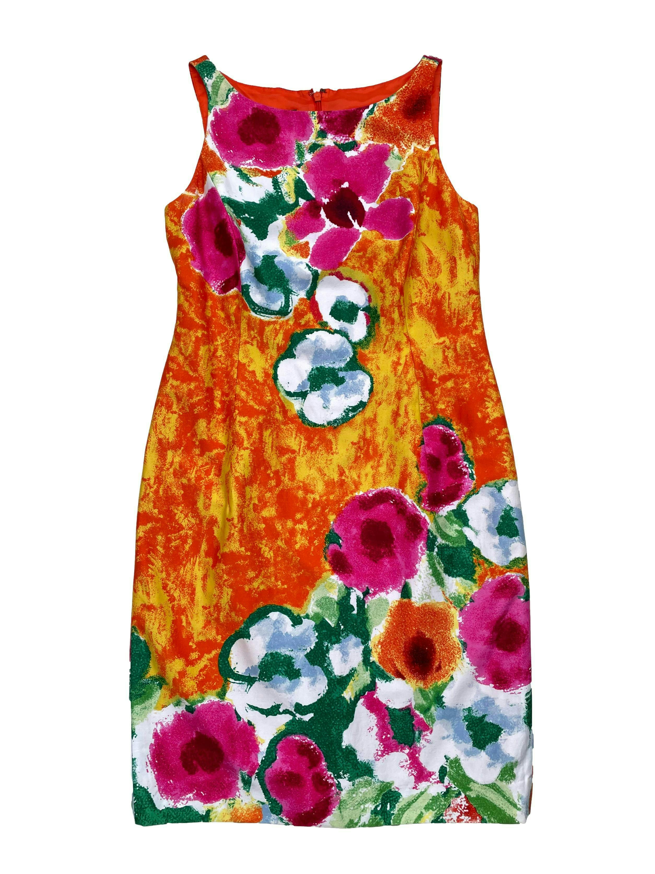 Vestido Jones New York de colores con flores tipo acuarela, 97% algodón, forrado con cierre en la espalda. Busto 90cm Cintura 76cm Largo 92cm. Precio original S/ 300