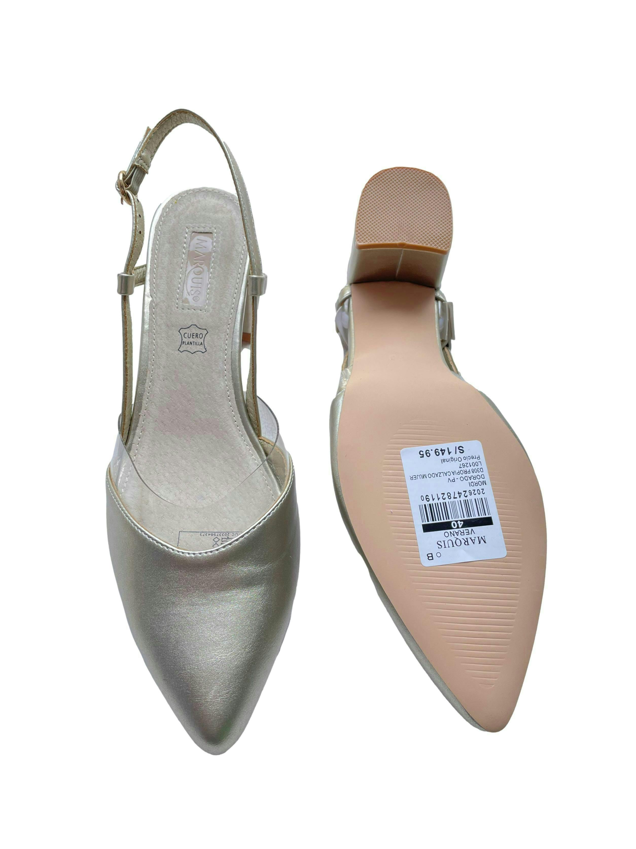 Zapatos tacos Marquis dorados con aplicación transparente, en punta, talón abierto y correa al tobillo, taco 6cm. Nuevos con funda y caja, precio original S/ 150