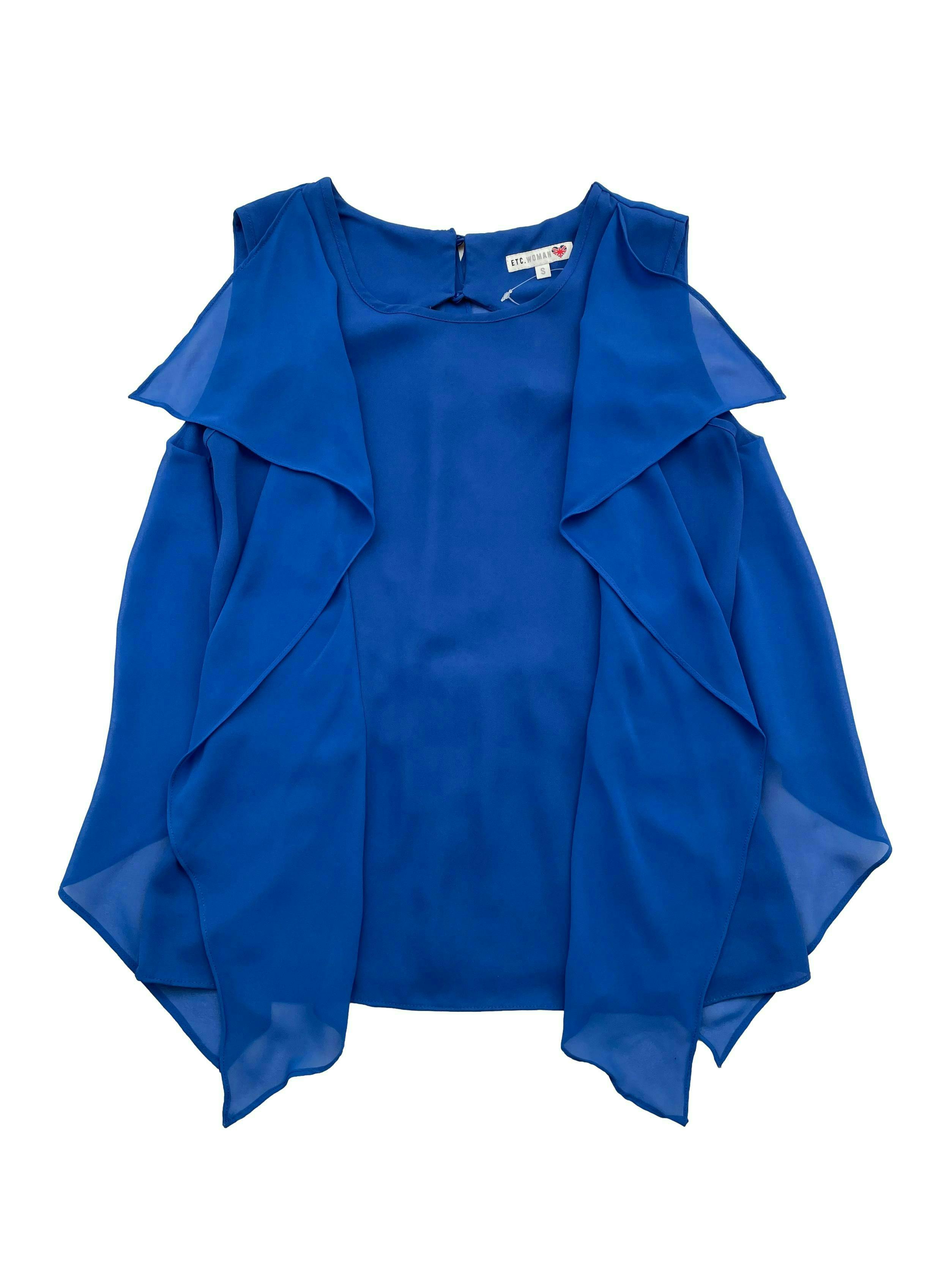 Blusa Etc Women de gasa azul, escote en la espalda, botones en el cuello, volantes. Busto 94cm Largo 60cm