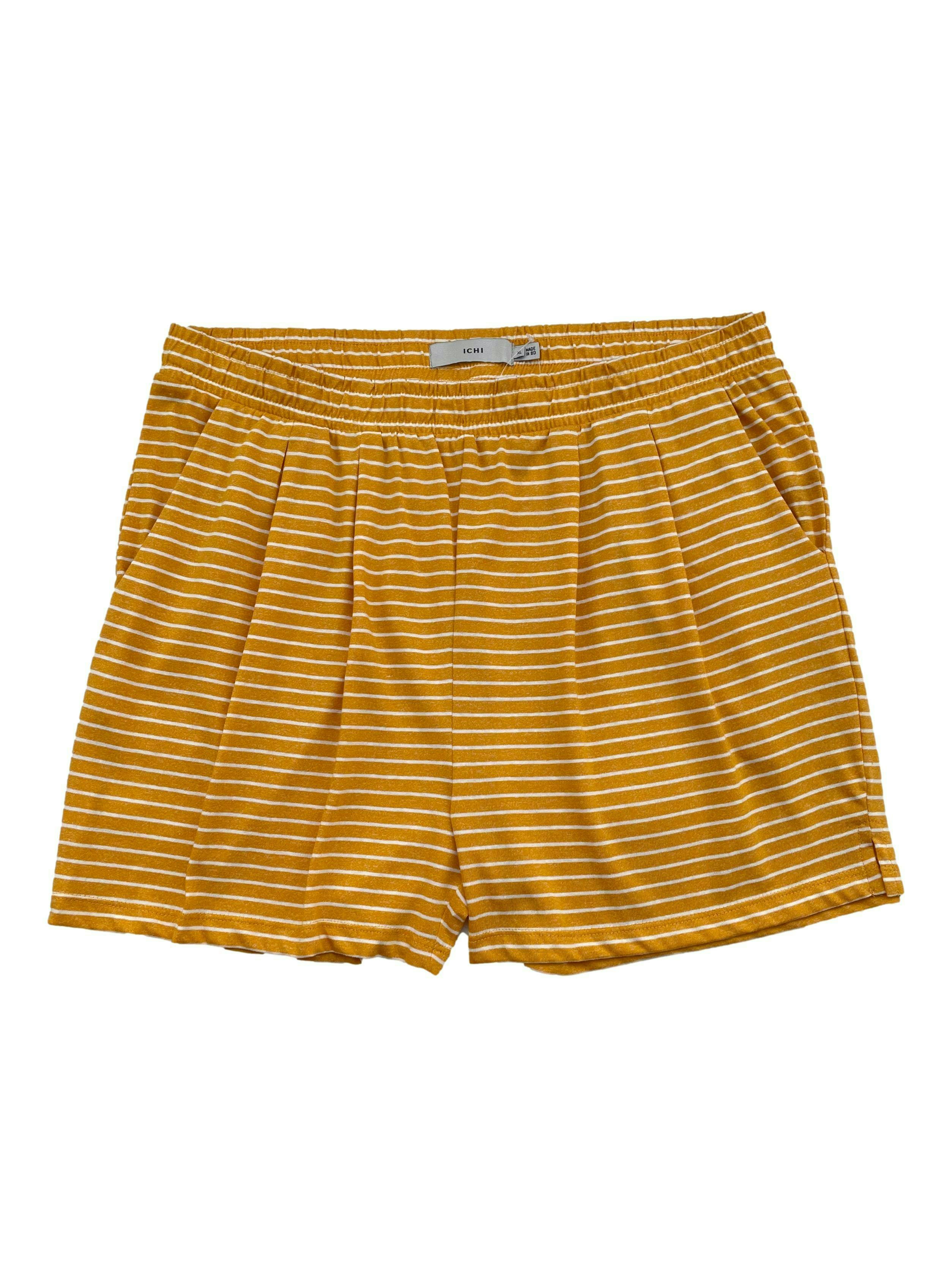 Short Ichi amarillos con líneas blancas, mezcla de algodón, con bolsillos laterales. Cintura 88cm sin estirar Largo 40cm