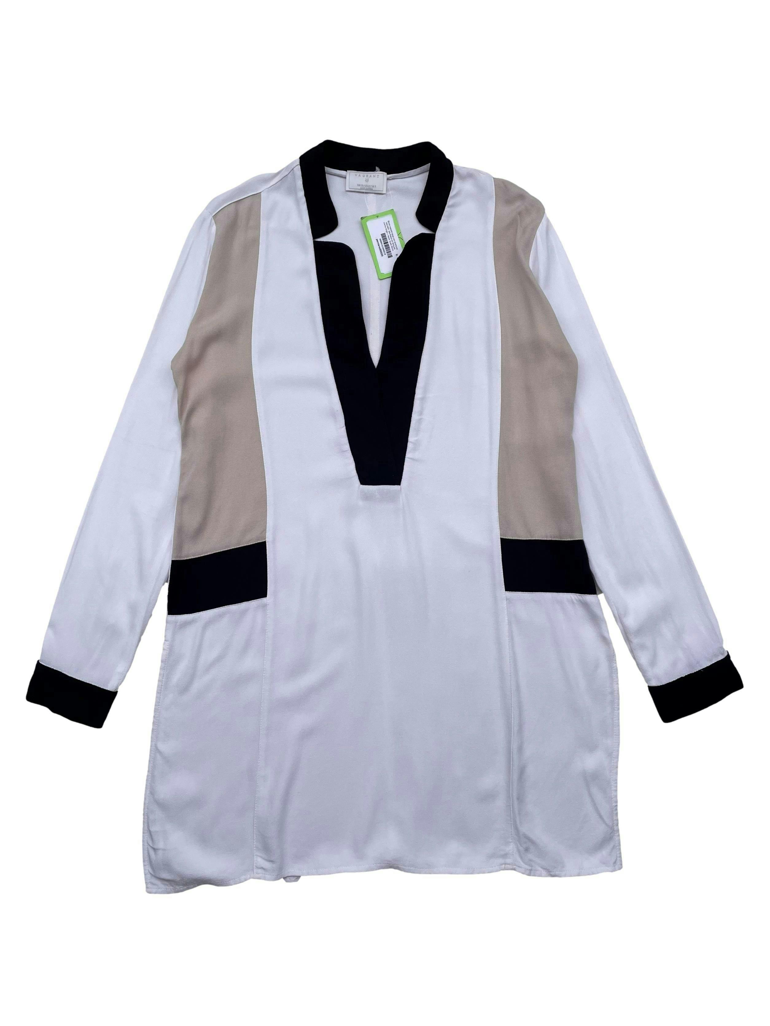 Blusa Vagrant larga con aberturas laterales, tela fresca en bloques crema beige y negra. Busto 92cm Largo 75cm