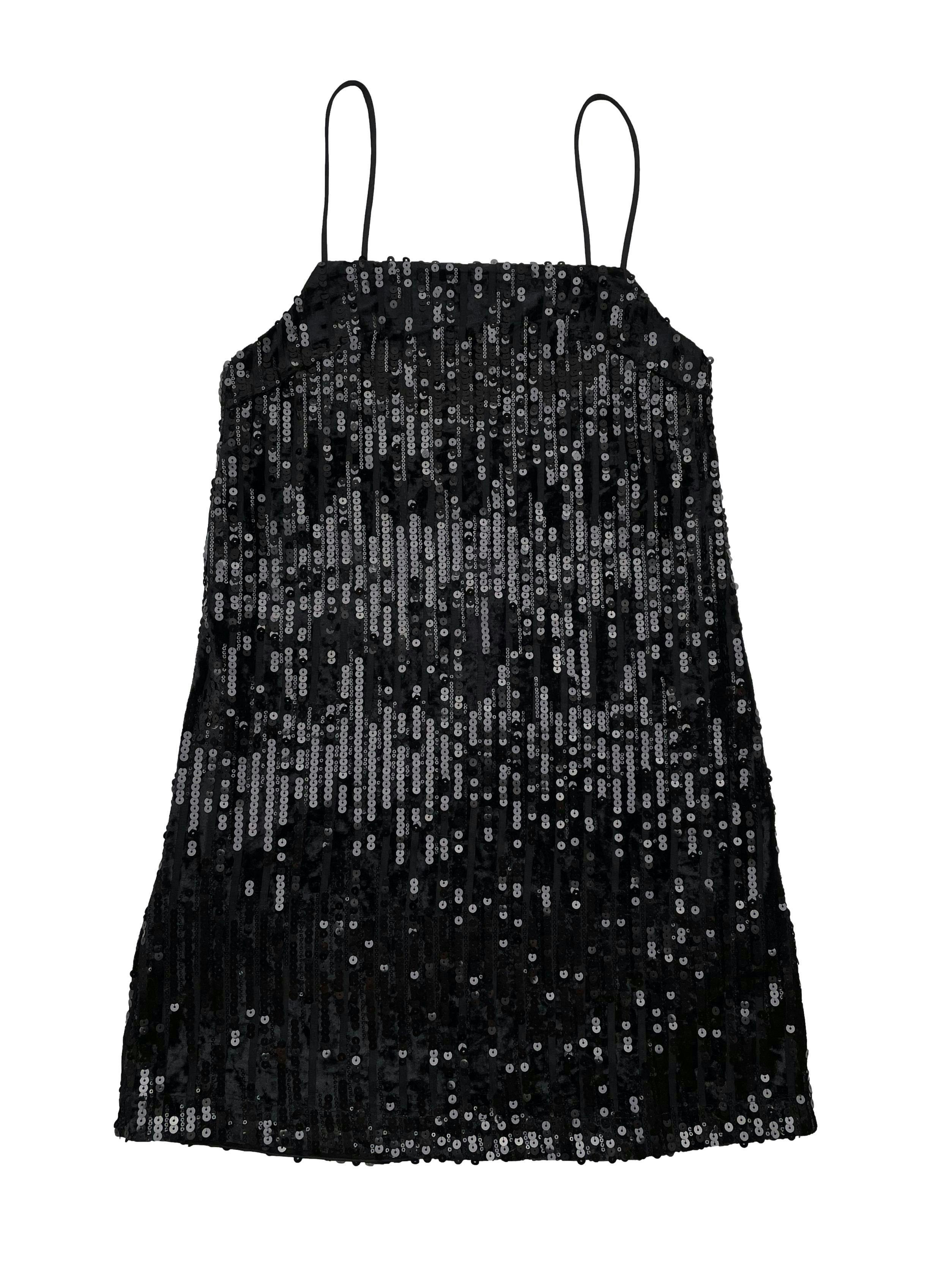 Vestido H&M de mesh negro con franjas de plush y mostacillas, forrado. Busto 90cm Largo 88cm
