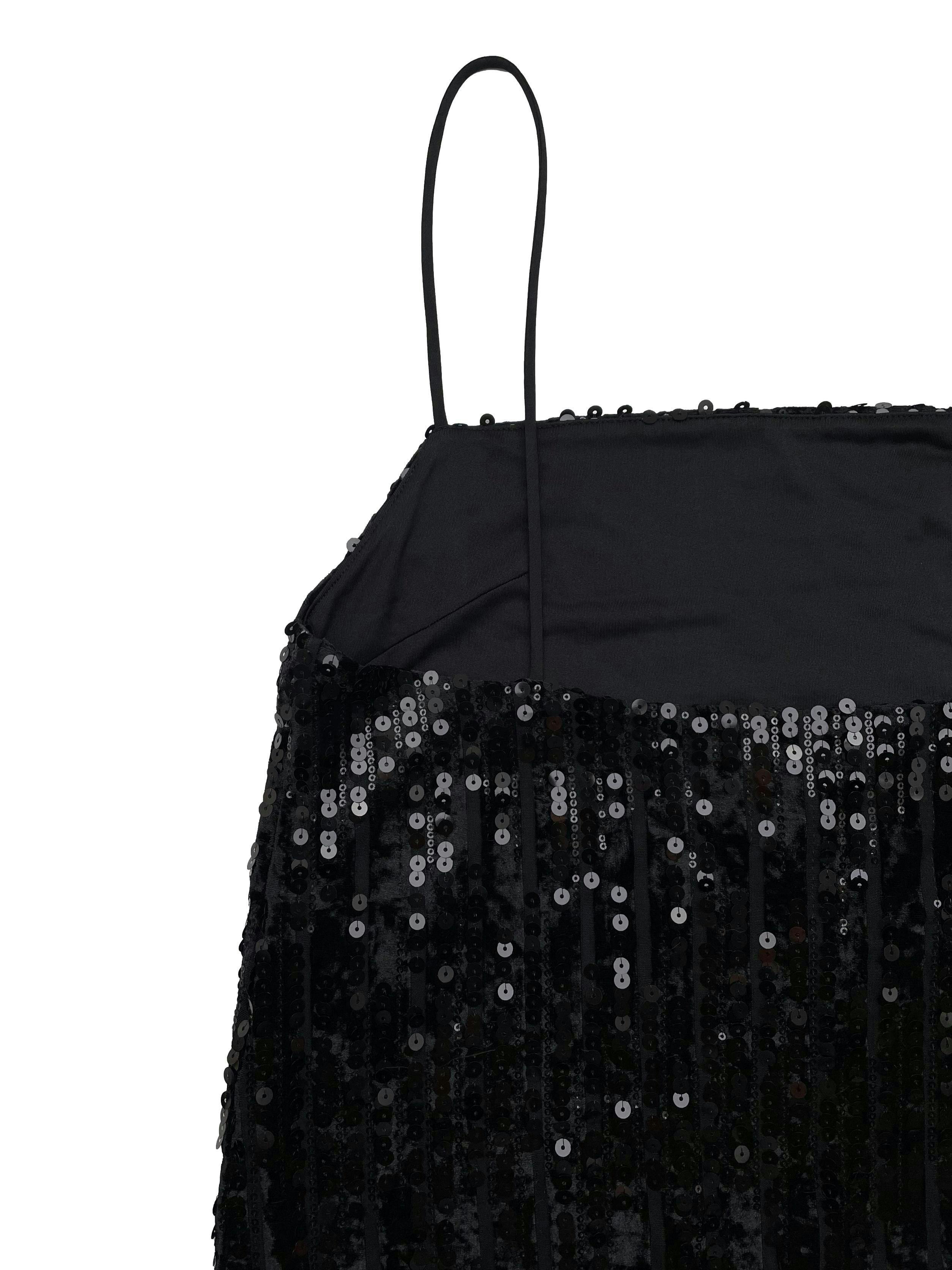 Vestido H&M de mesh negro con franjas de plush y mostacillas, forrado. Busto 90cm Largo 88cm