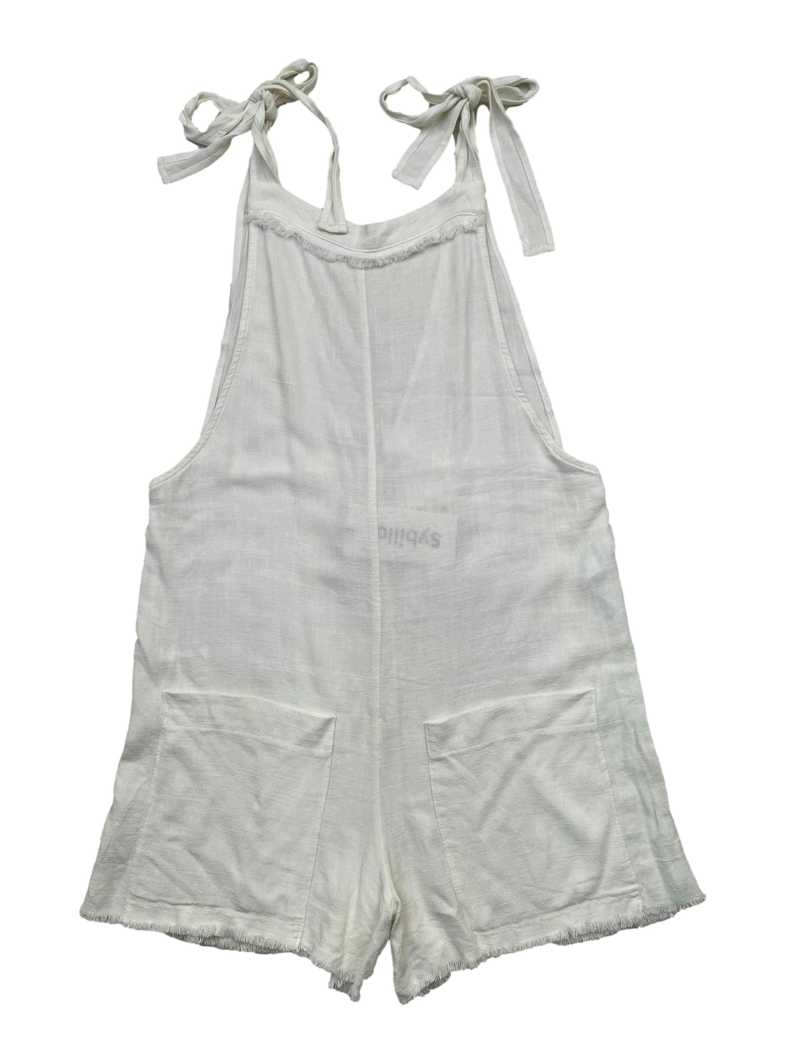 Jardinera de lino ,tiras para amarrar , bolsillos , escote en V en espalda. Largo 78 cm. Nuevo con etiqueta.