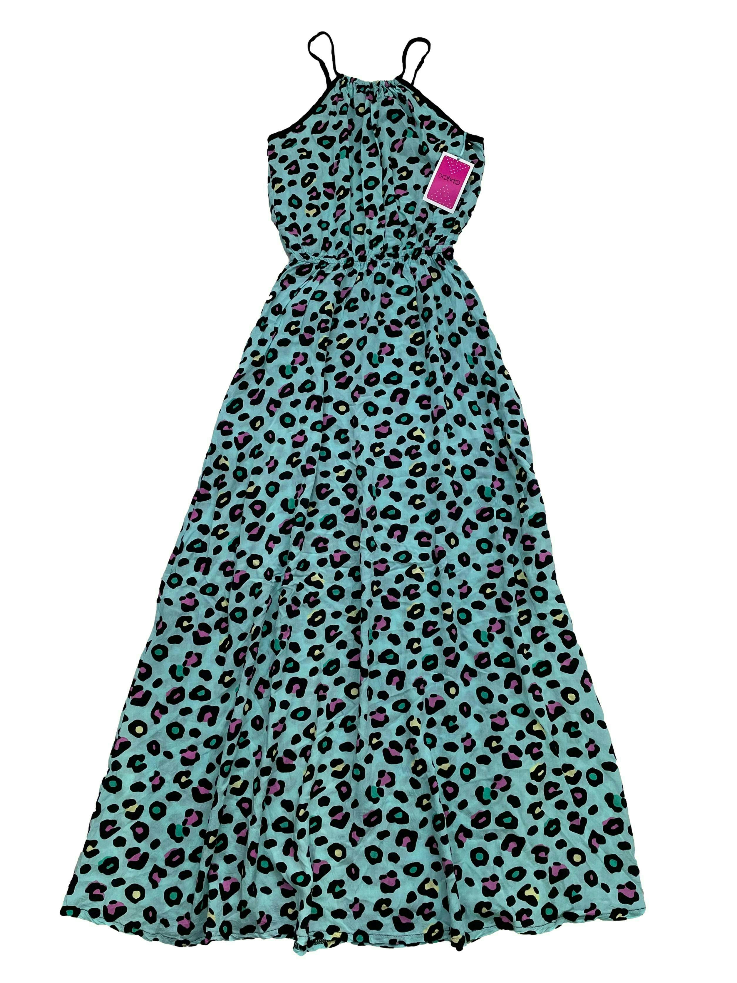 Vestido largo turquesa con estampado leopardo en colore, se amarra en la espalda, elástico en cintura y bolsillos en falda. Busto 96cm, Largo 135cm Nuevo con etiqueta.
