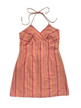 Vestido YouToo ,tela de lino a rayas en tonos naranjas, tiras para el cuello y cierre invisible en espalda.Busto 85cm, Largo 80cm.