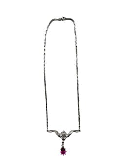Collar de cadena metalica con plata 925 y cristal fucsia. Largo 41 cm.