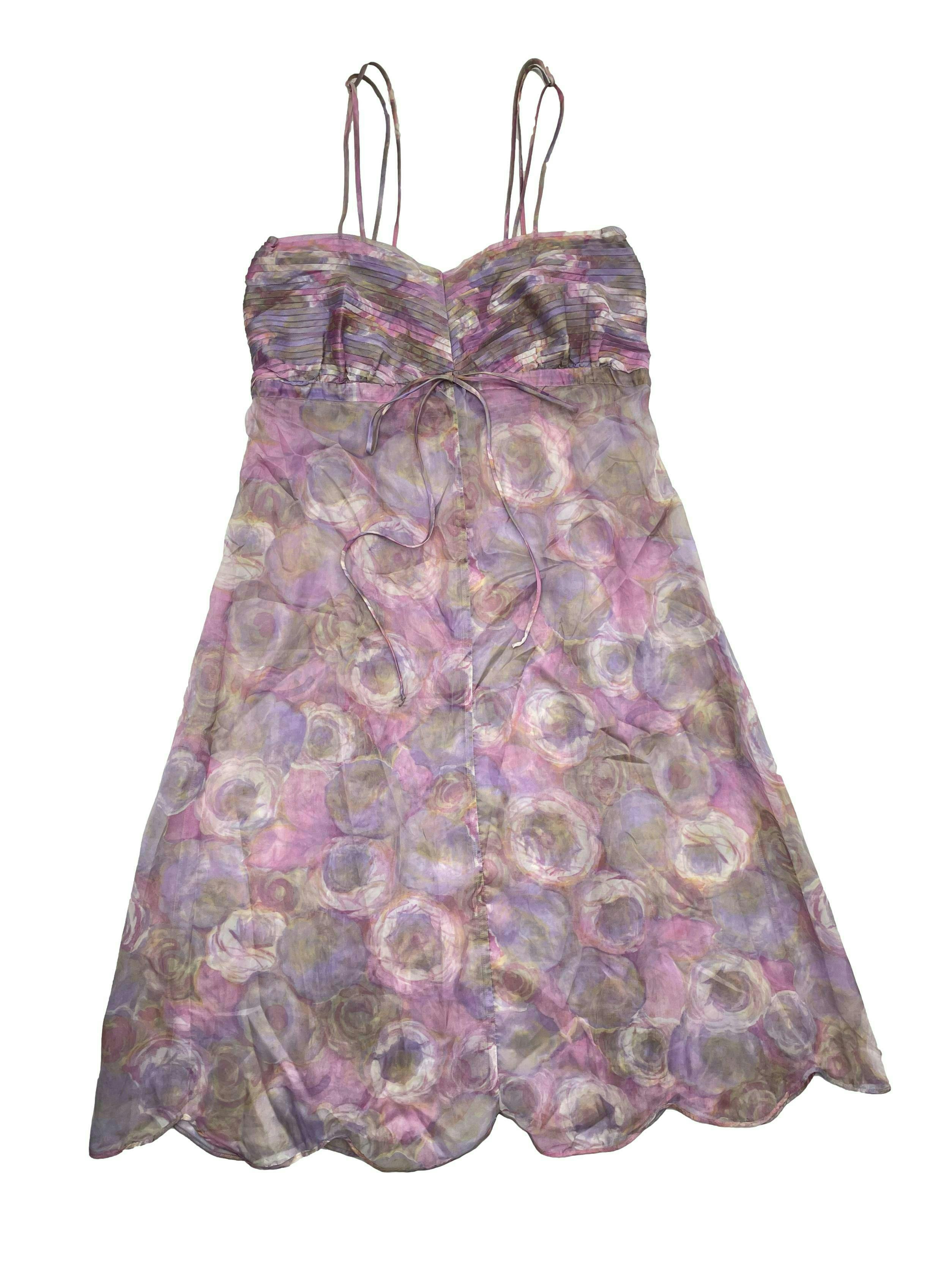 Vestido vintage, gasa gruesa translucida en tonos lilas, pecho drapeado con cinto ajustable bajo busto. Busto 95cm, Largo 112cm.