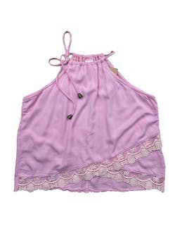 Top Zafiro rosado 70% algodón cuello halter con tiras y encaje en basta. Busto 94cm, Largo 45cm.