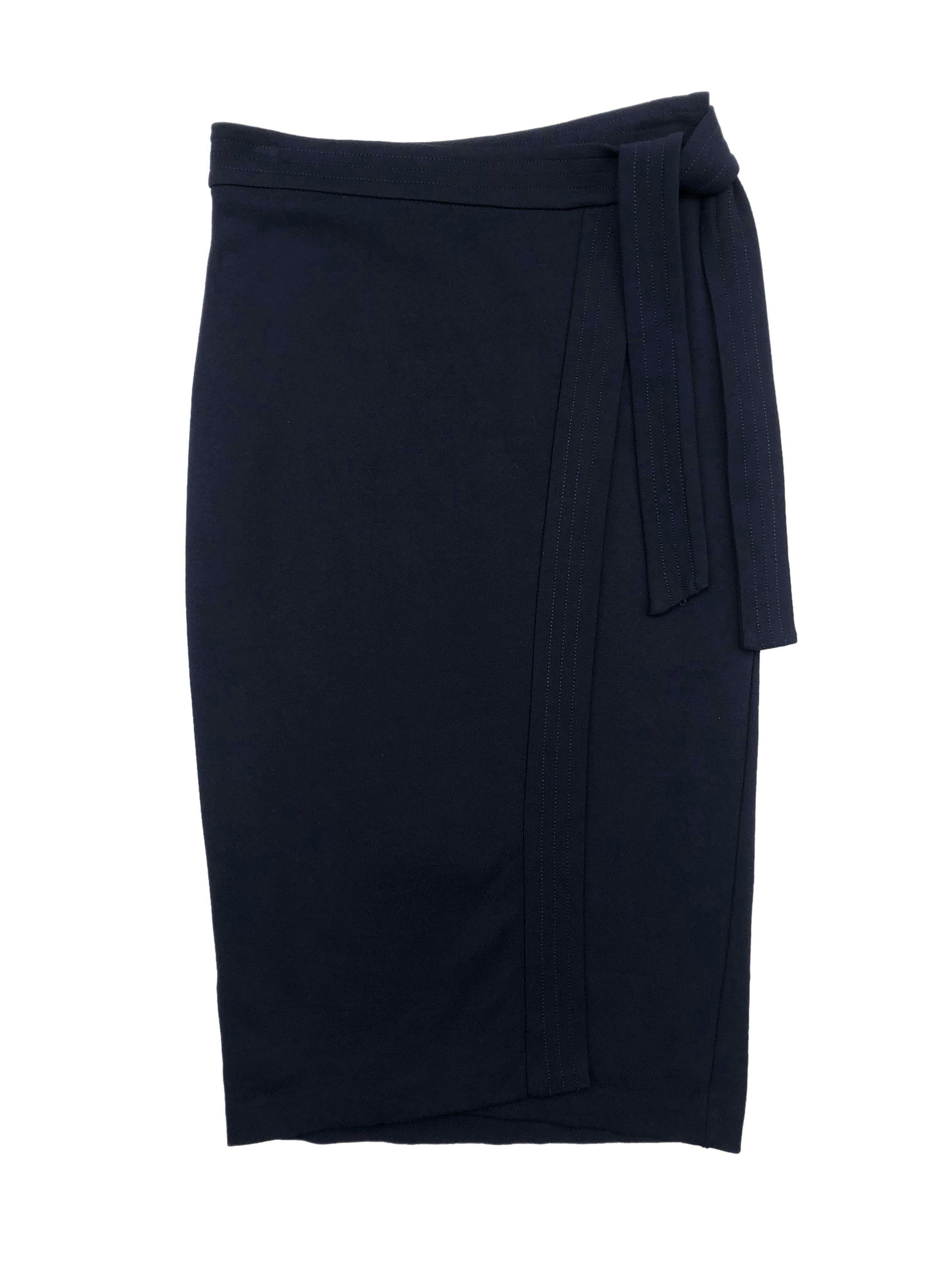Falda midi Mango envolvente azul marino, con forro, botón y cintos para nudo lateral. Cintura 68cm, Largo 71cm,