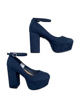 Zapatos Index azul marino tipo gamuza, modelo con correa en tobillo, taco 11cm, plataforma 4cm. Estado 9/10.
