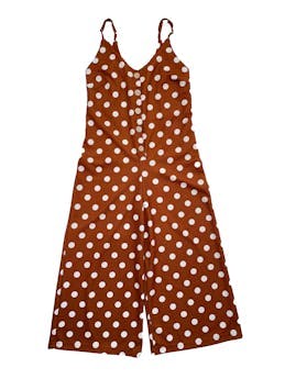 Enterizo Bo´hem color ladrillo con polka dots blancos, tirantes regulables, botones frontales, parte inferior tipo culotte. Busto 80cm, Largo 120cm.