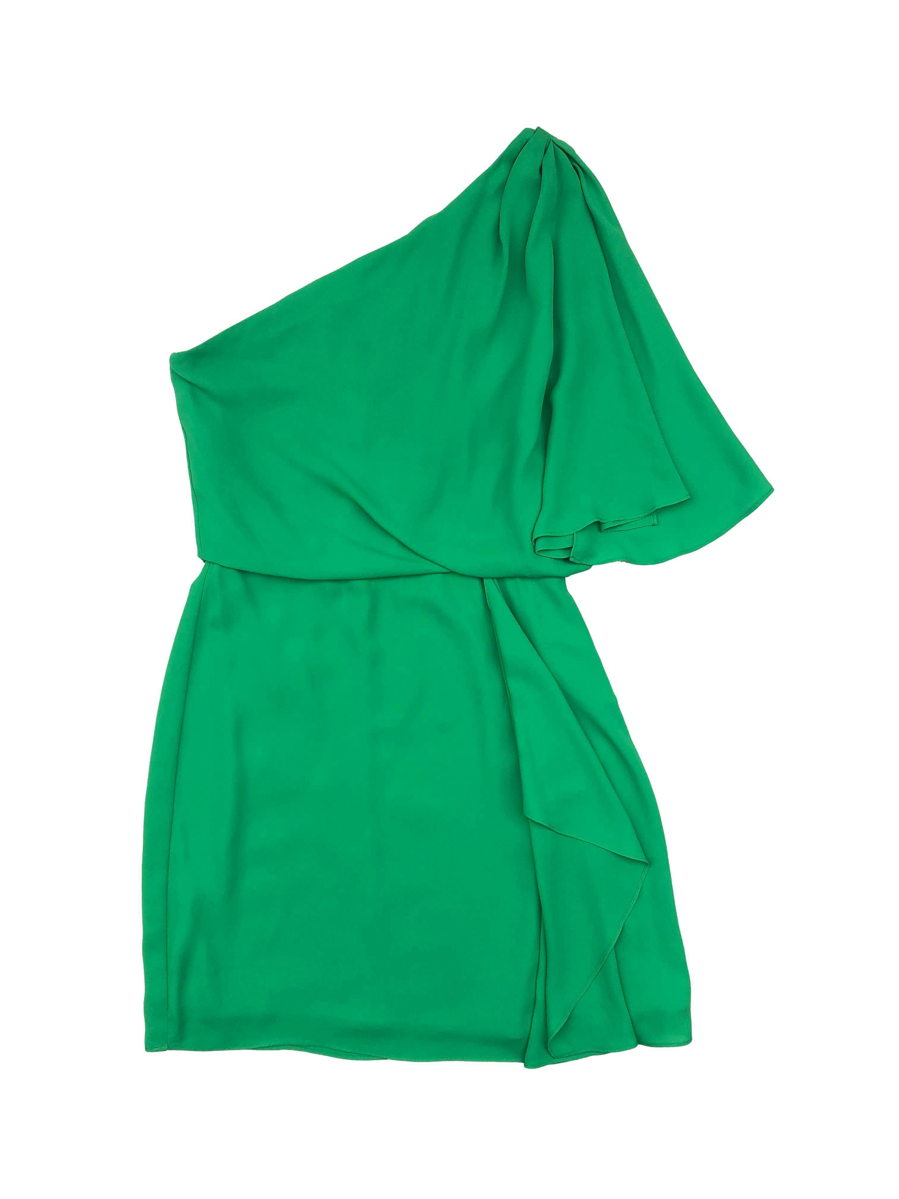 Vestido BCBG Maxazria one shoulder, de gasa verde, forrado, con cierre invisible lateral. Busto 80cm Cintura 60cm Largo 80cm. Precio original $200
