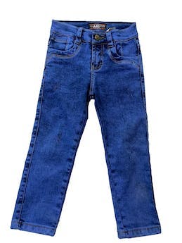 Pantalón jean azul efecto lavado, tela stretch con bolsillos y rasgados.