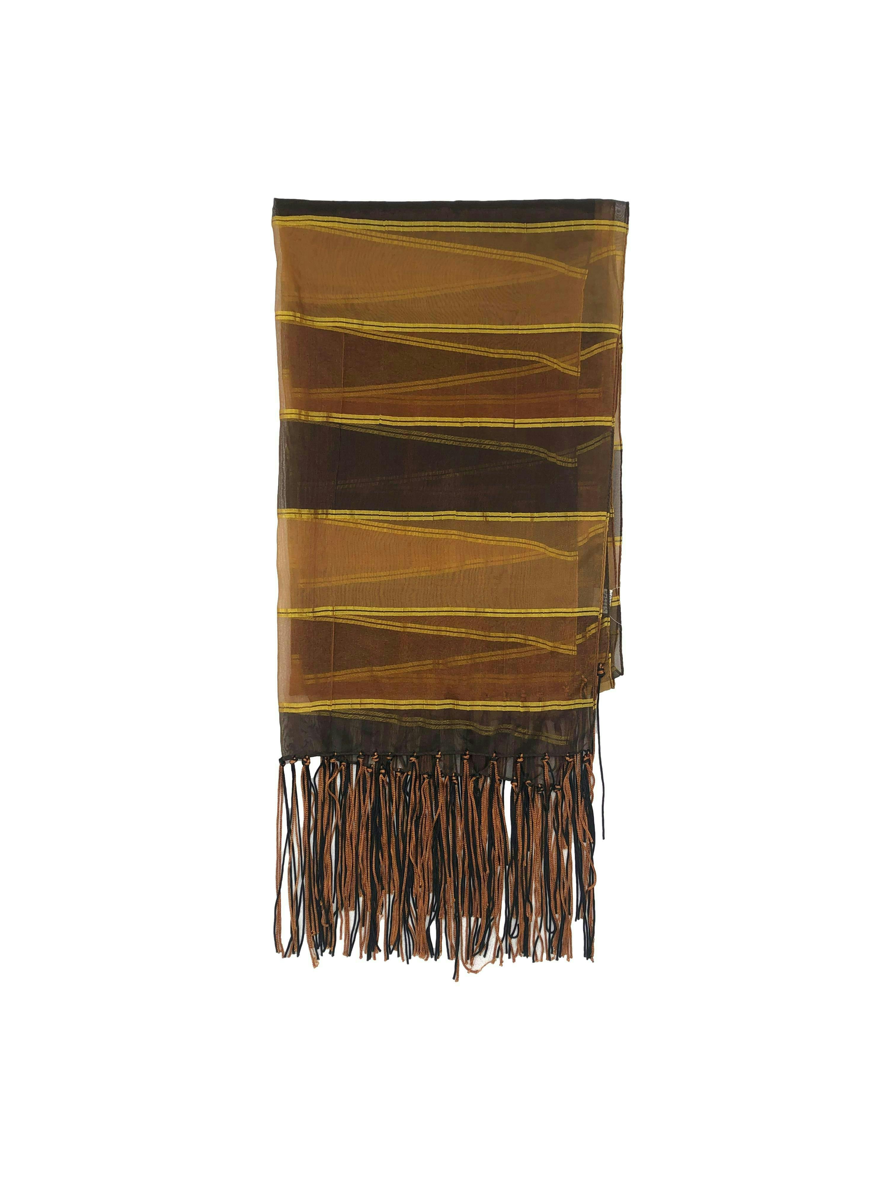 Pañuelo de gasa en tonos marrones a rayas doradas y flecos, Ancho 54cm, Largo 172cm