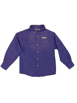 Camisa morada Columbia PFG de nylon con protección UV, fresca y transpirable, bolsillos delanteros y botones de repuesto.