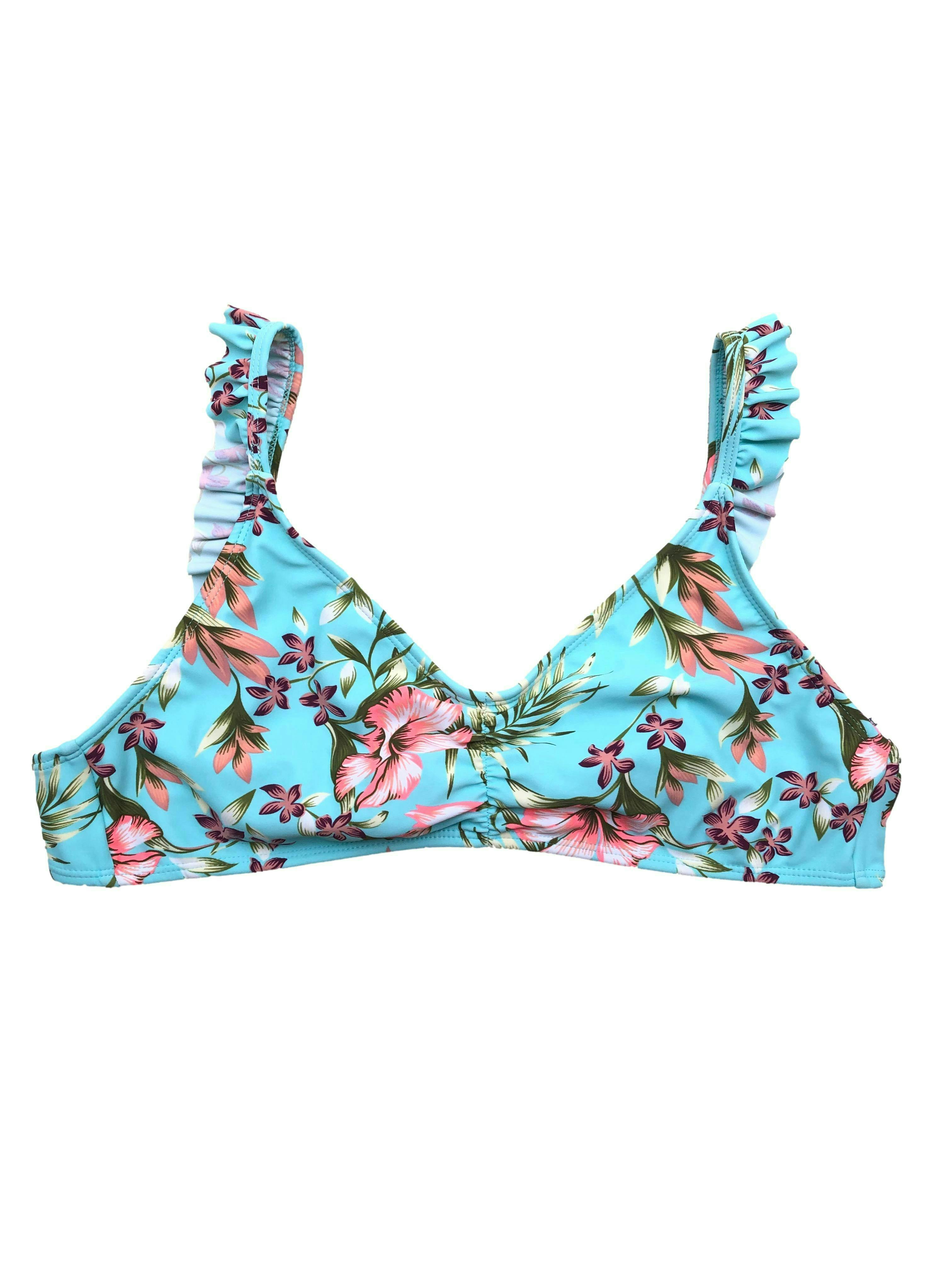 Top bikini turquesa con estampado floral y cintos en la espalda. Busto 80cm. Nuevo con etiqueta.