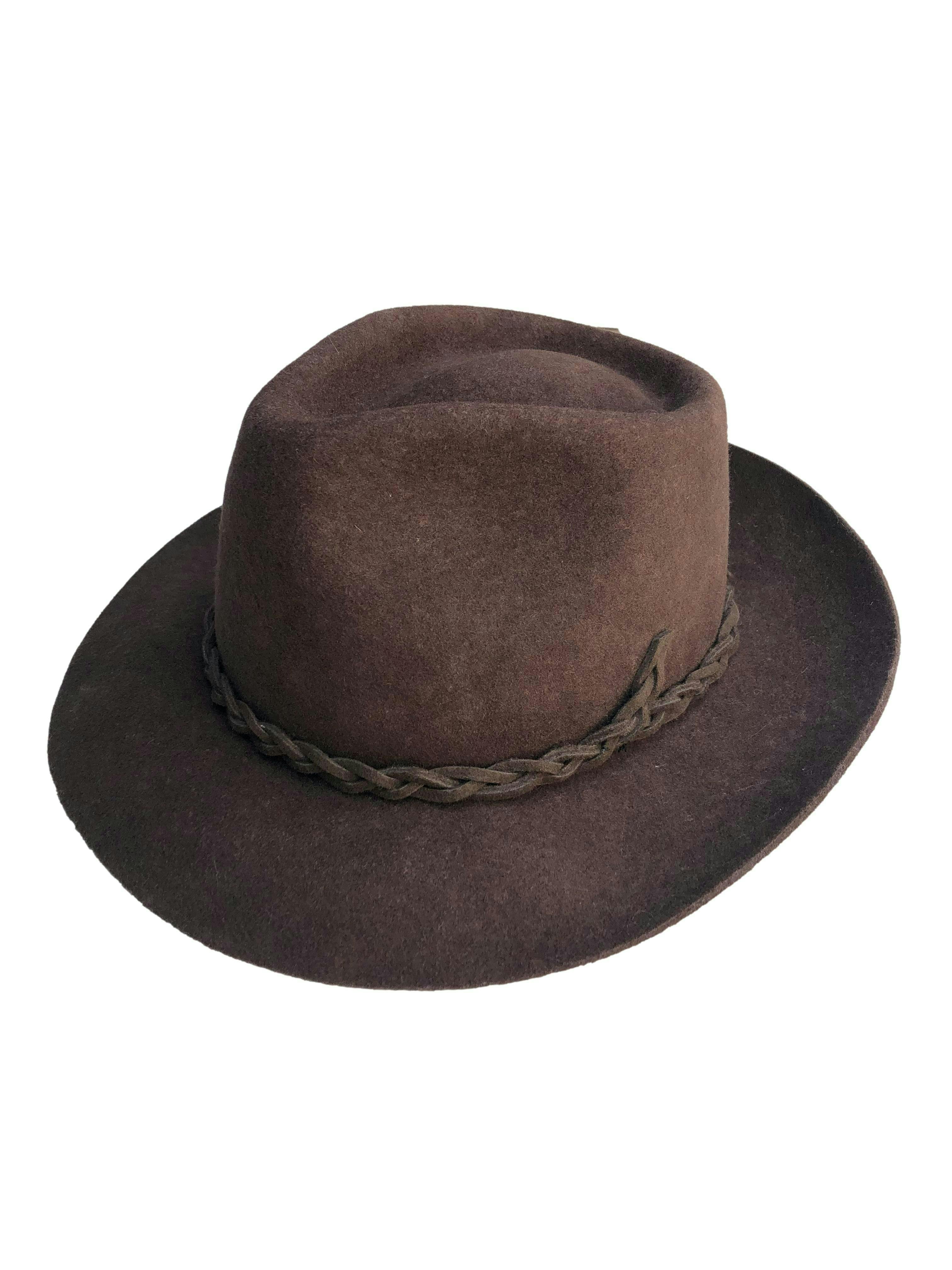 Sombrero marrón 100% lana marrón con trenza, ala 7cm. 