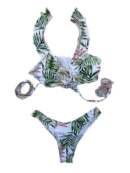 Bikini Zaful blanco con estampado de hojas, parte de arriba con tiras regulables y cordones para anudar.