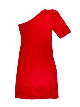 Vestido Sfera one shoulder rojo, tela stretch con textura granulada. Busto 74cm sin estirar, Largo 85cm.