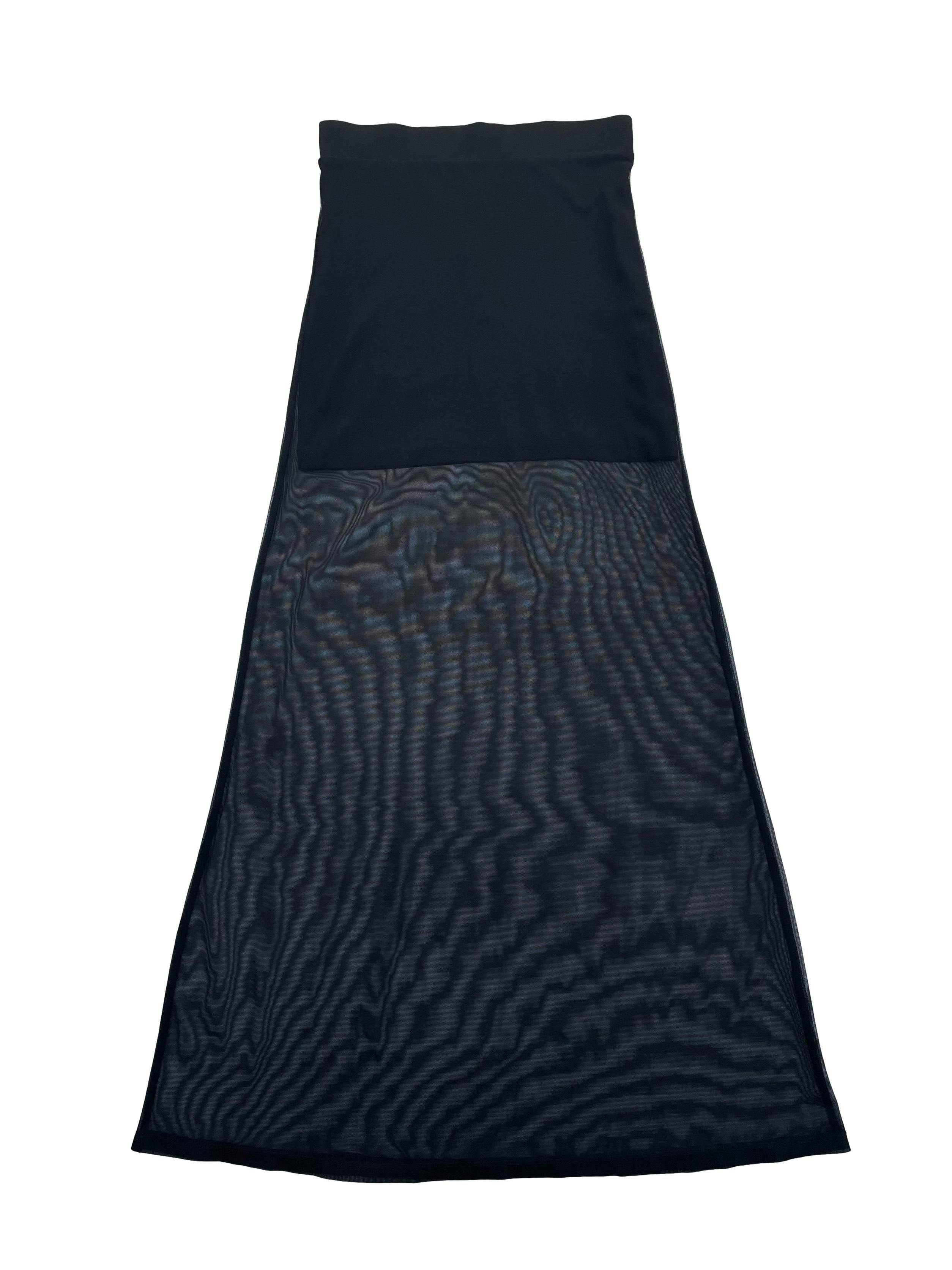 Falda larga de mesh negro con forro corto. Cintura 64cm Largo 105cm