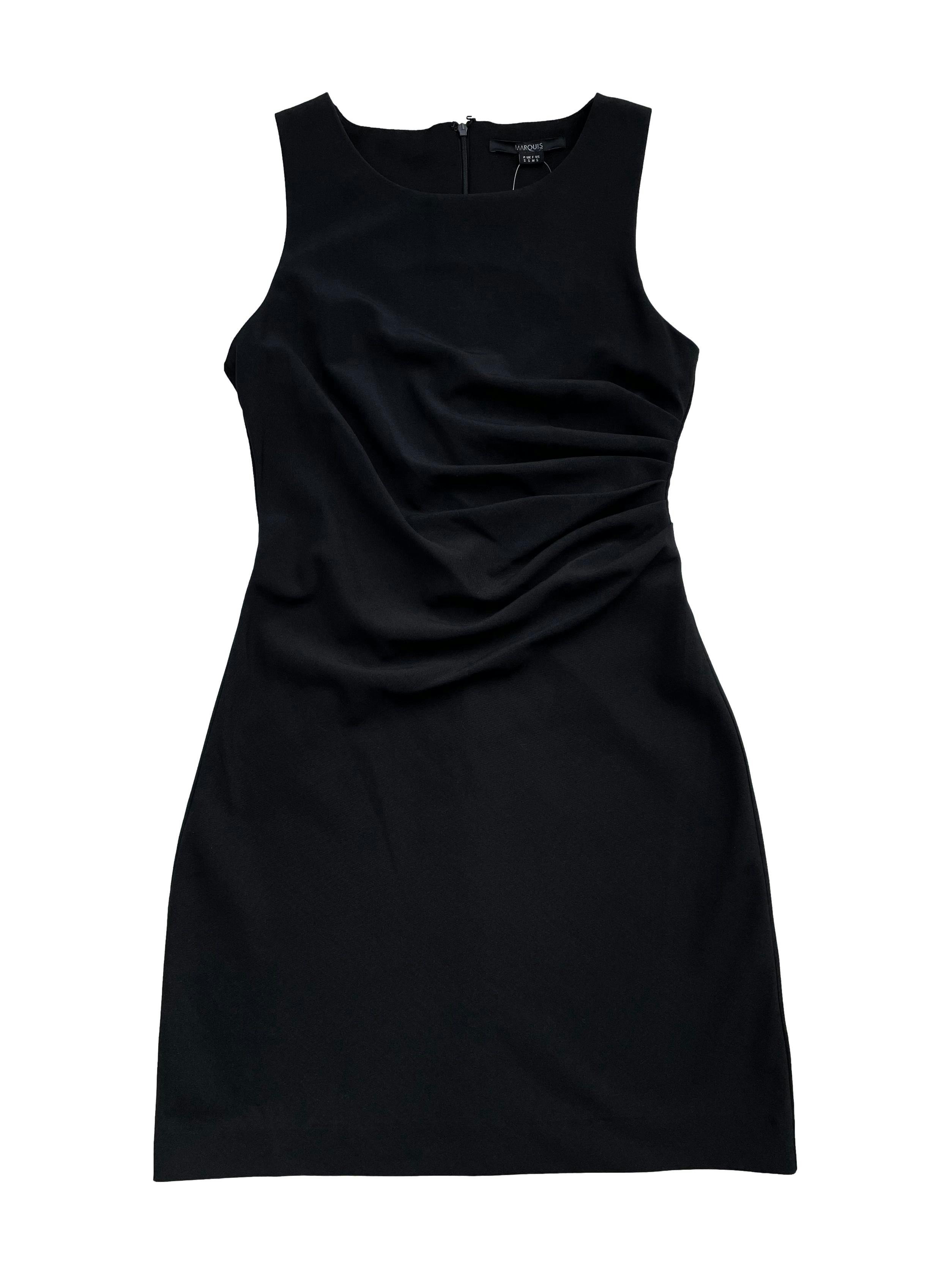 Vestido Marquis negro, tela tipo sastre, drapeado lateral y cierre en la espalda. Busto 90cm Largo 90cm