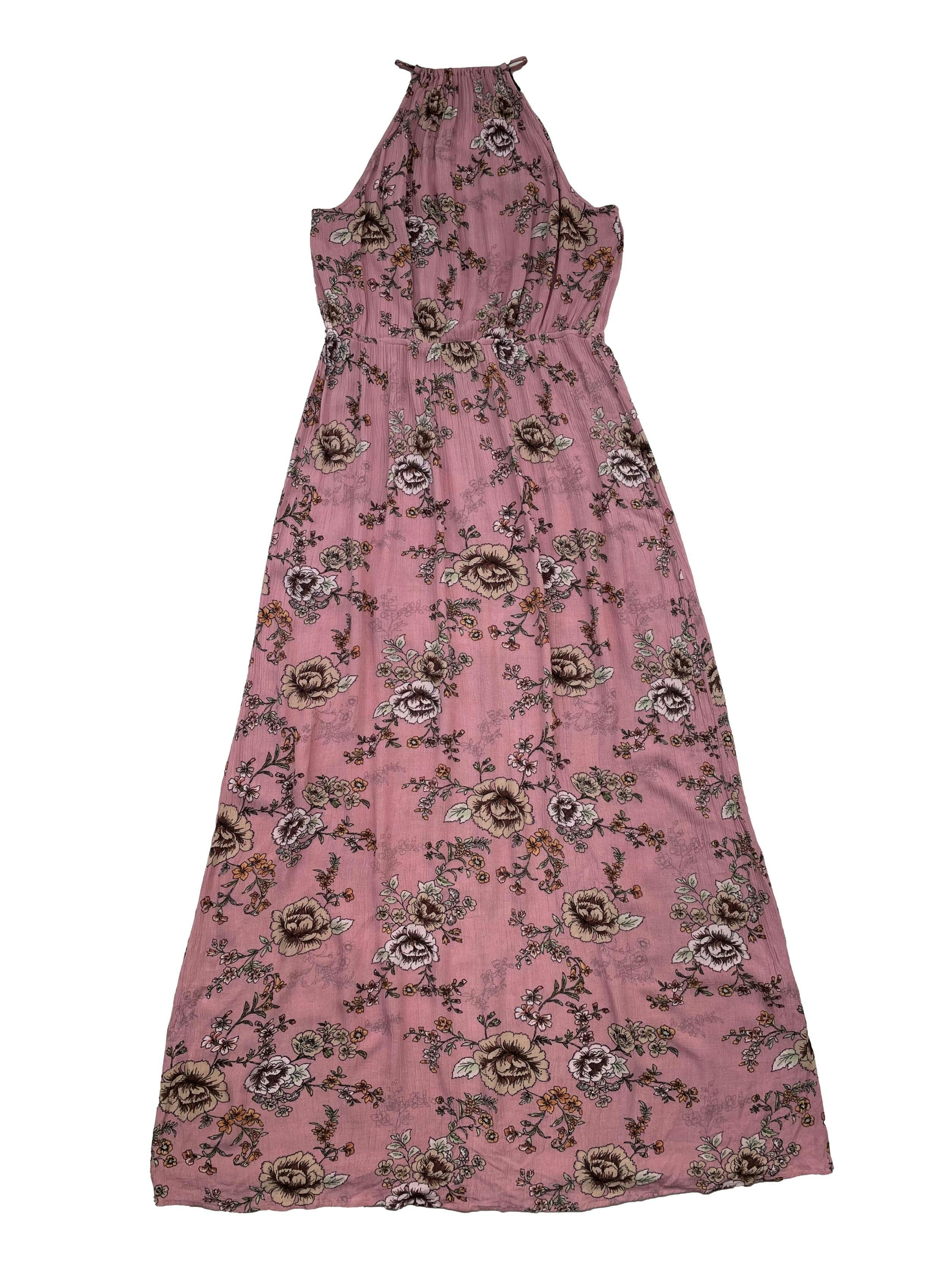 Vestido Forever21 de rayón palo rosa con flores, se amarra en el cuello, cintura elástica. Busto 100cm Largo 130cm