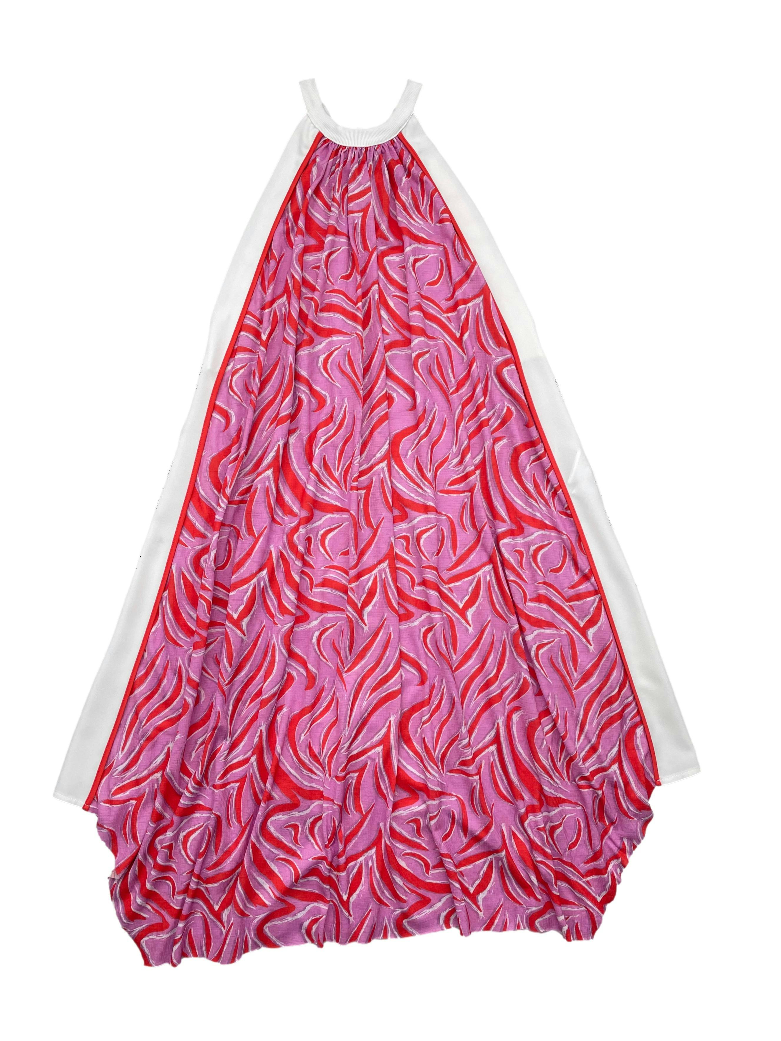 Vestido midi Zara de crepé rosa y rojo, con laterales blancos. Busto 140cm Largo 110cm