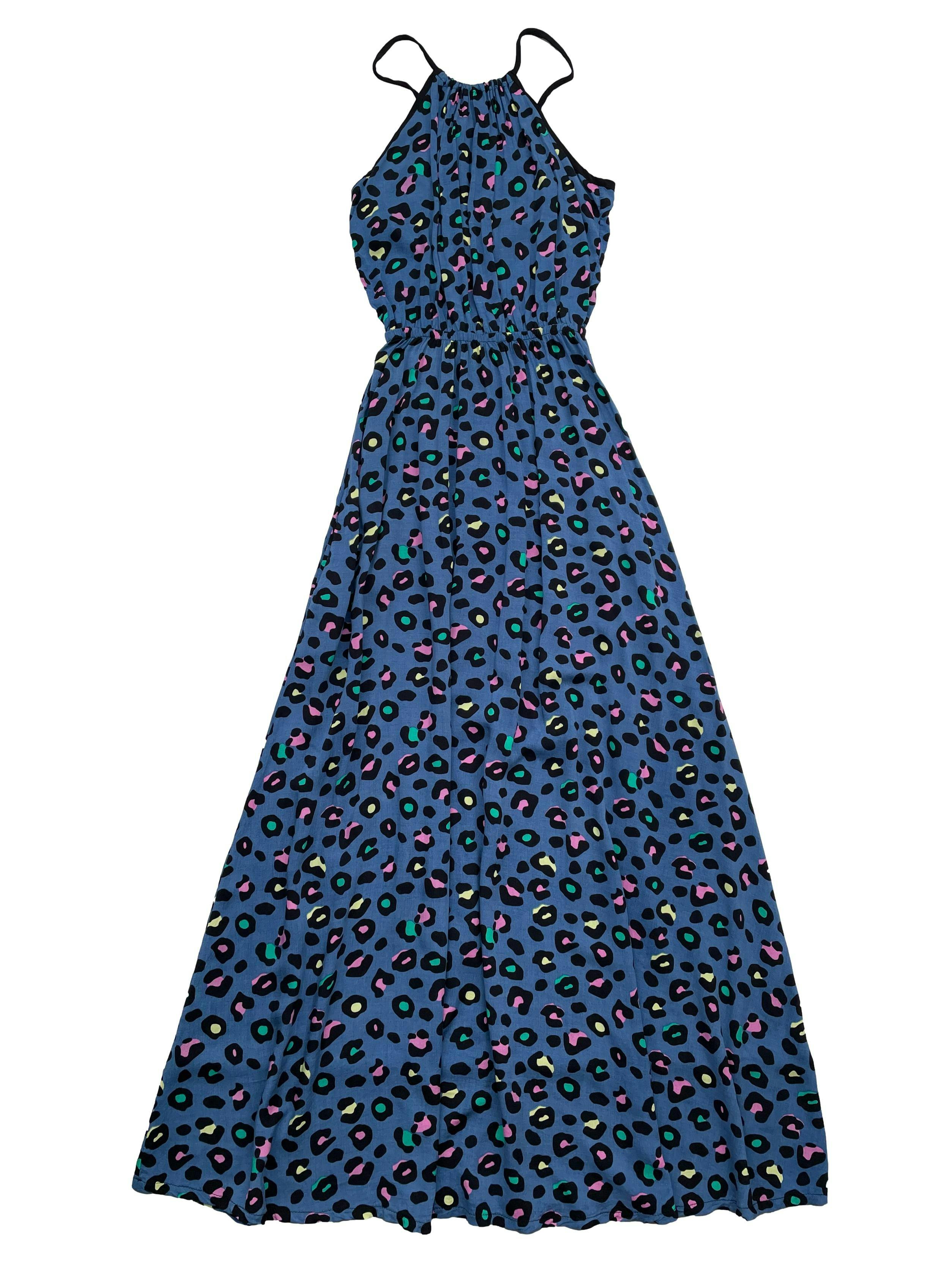 Vestido largo animal print azul con colores, tela tipo chalis, se amarra en la espalda, cintura elástica y bolsillos en falda. Largo 135cm. Nuevo con etiqueta
