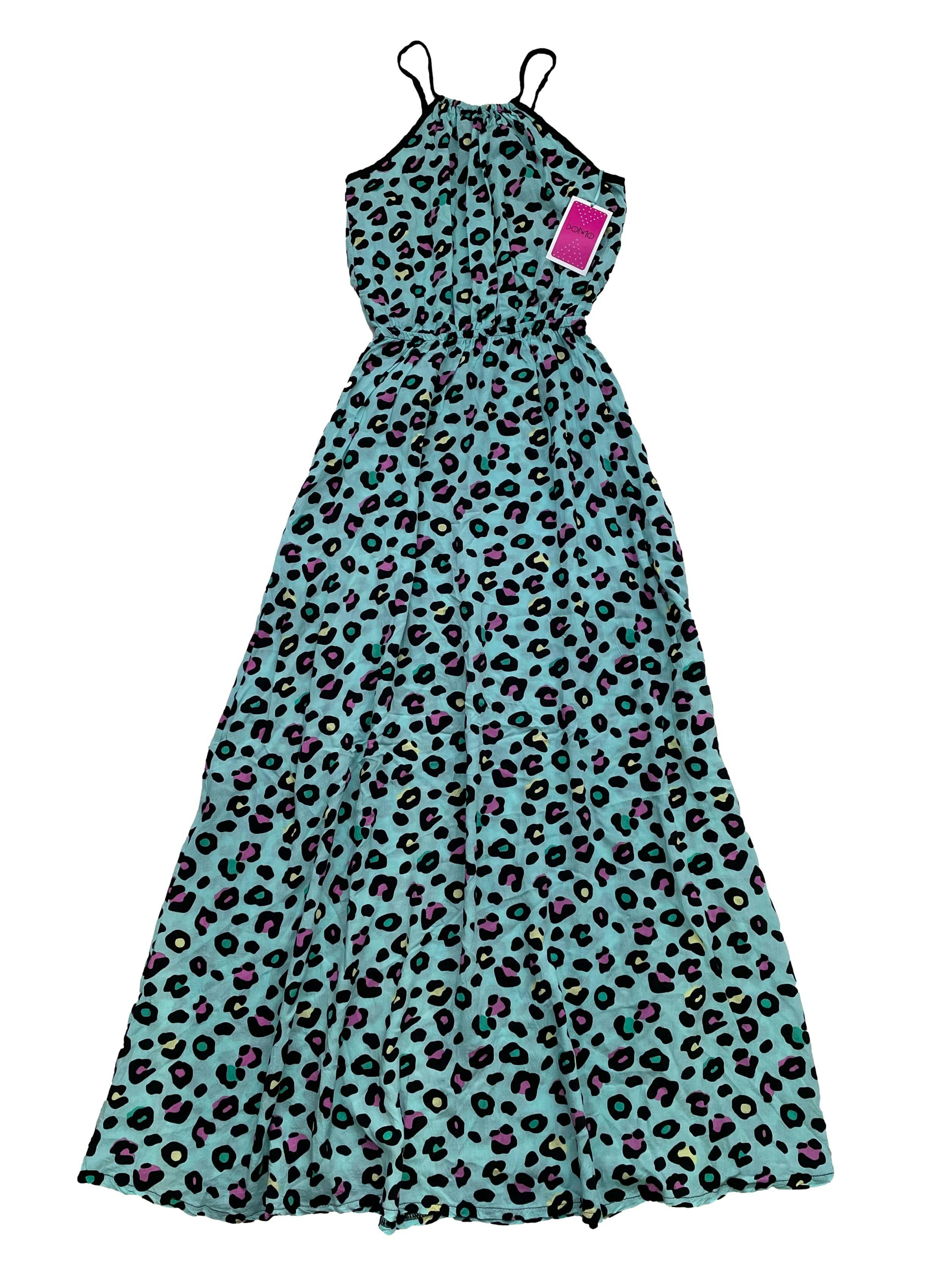Vestido largo turquesa con estampado leopardo en colore, se amarra en la espalda, elástico en cintura y bolsillos en falda. Busto 90cm, Largo 130cm Nuevo con etiqueta.