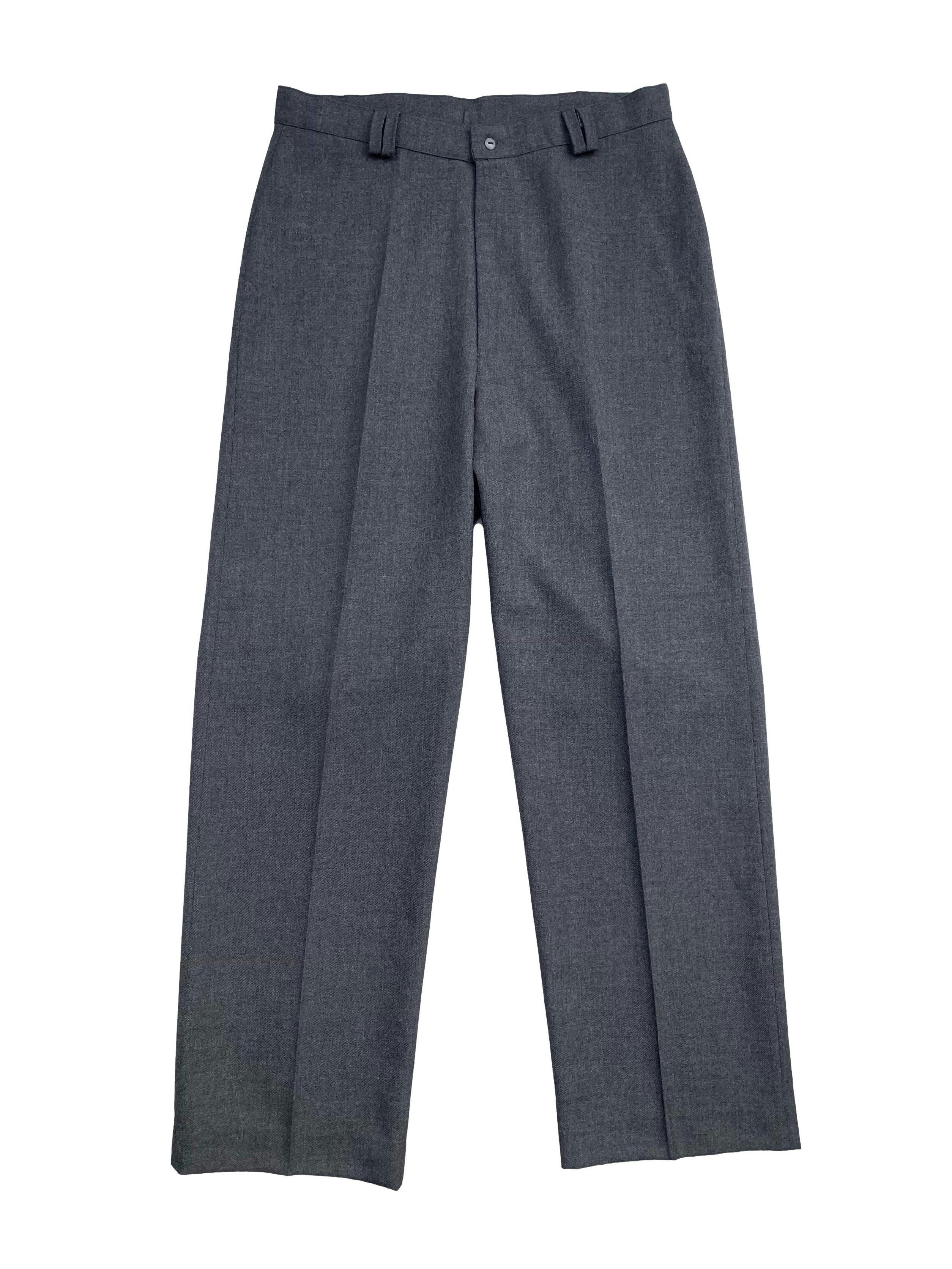 Pantalón sastre vintage de tiro alto, pierna ancha y recta, pinzas en la espalda y cierre frontal. Cintura 76cm, Largo 105cm.