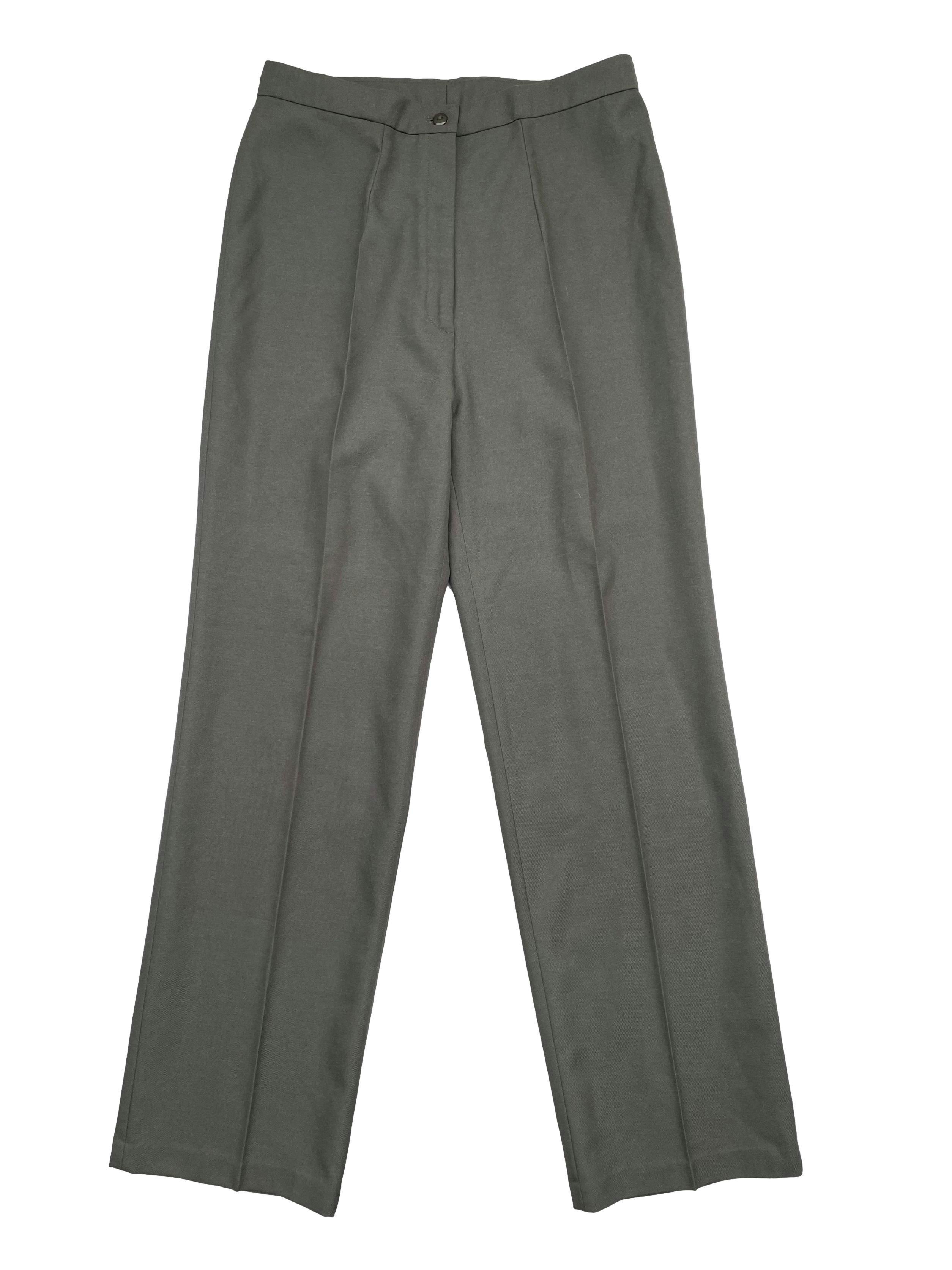 Pantalón sastre vintage verde grisáceo de tiro alto, pierna ancha y recta, pinzas en delantero y espalda , cierre frontal. Cintura 76cm, Largo 105cm.