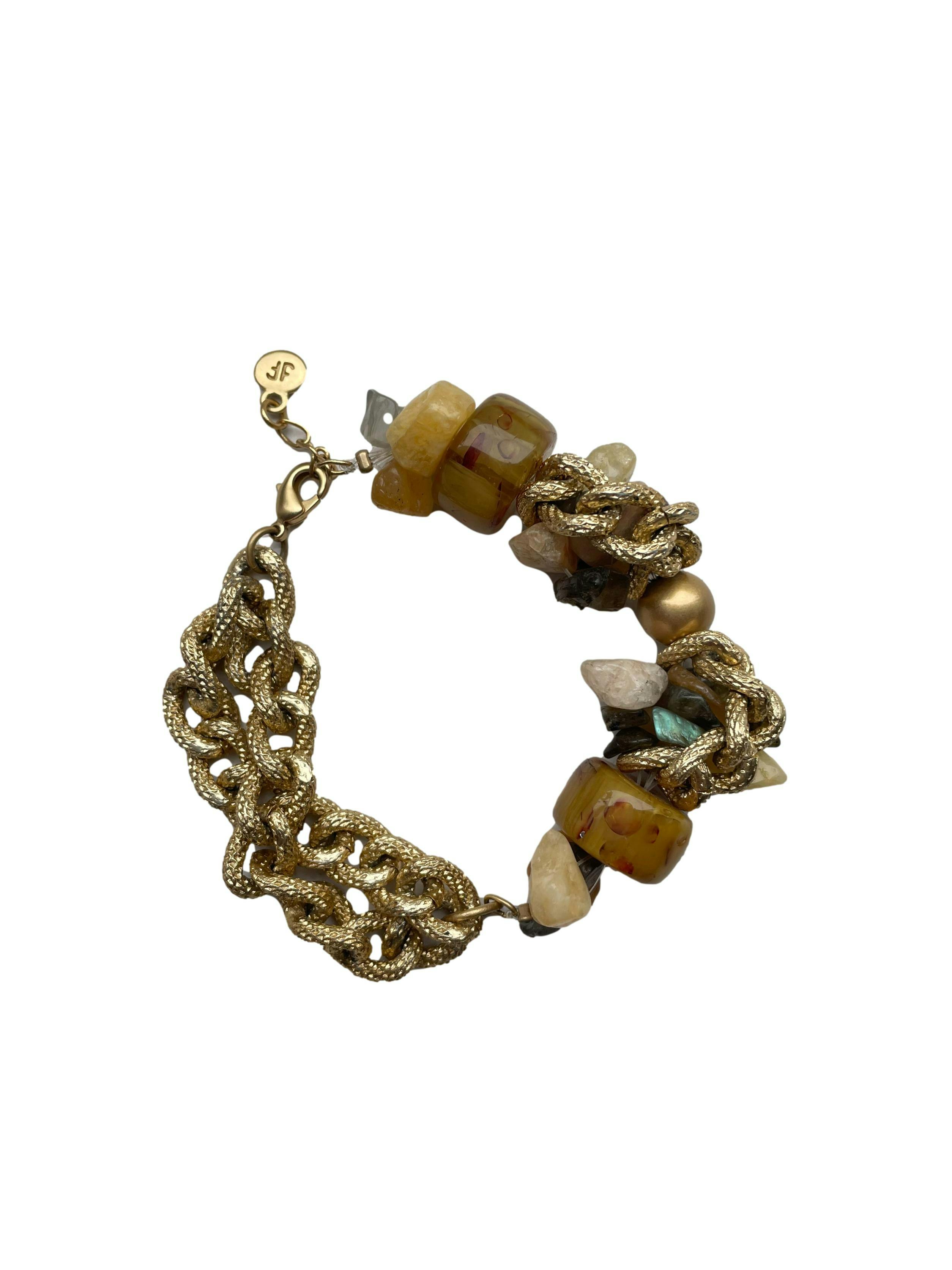 Pulsera Finart dorada con cadenas y cuentas tipo piedras en tonos tierra. Con bolsita protectora. Largo 20cm. 