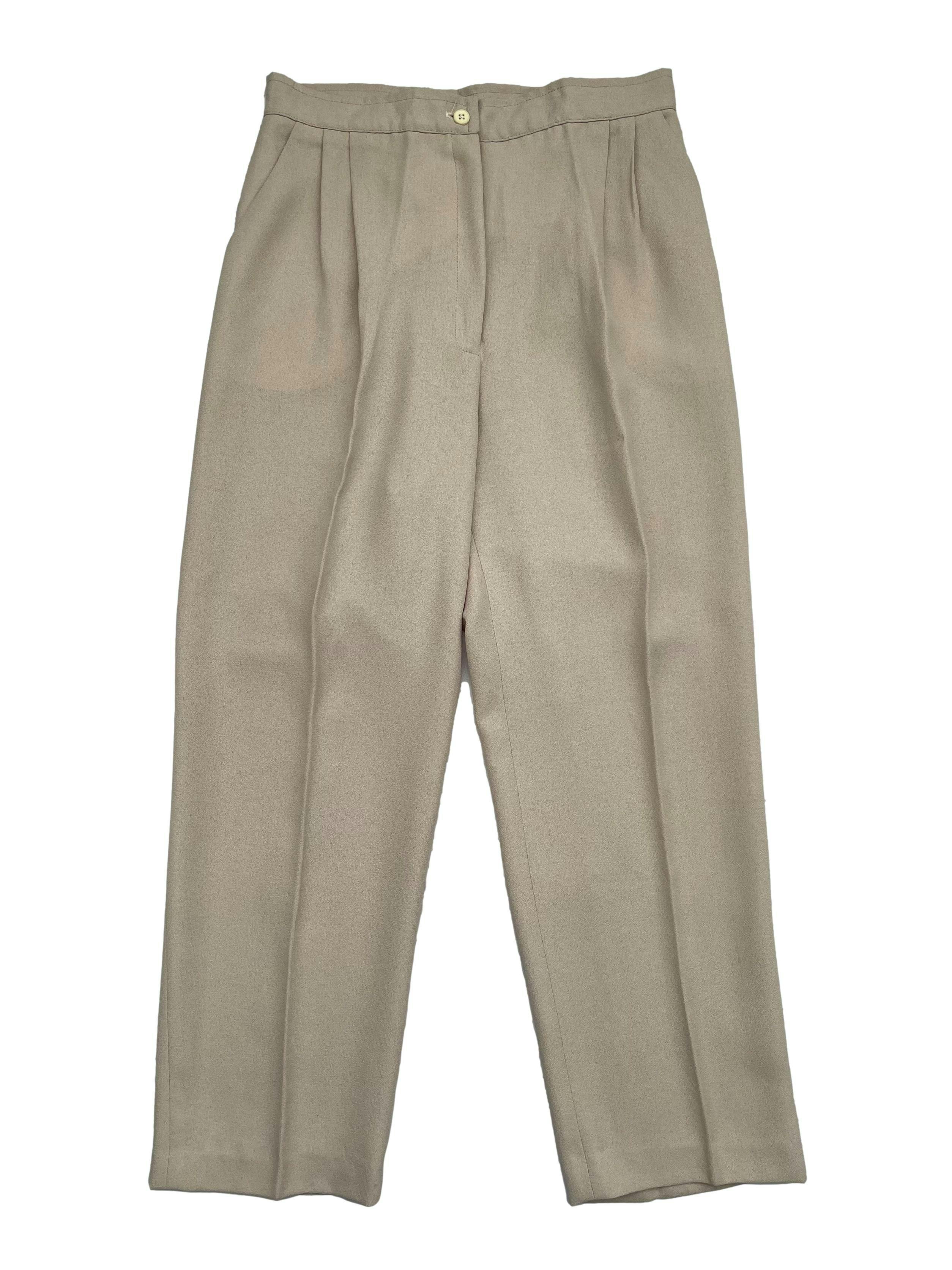 Pantalón vintage beige de sastre crepé con pliegues. Cintura: 72cm, Largo: 93cm.
