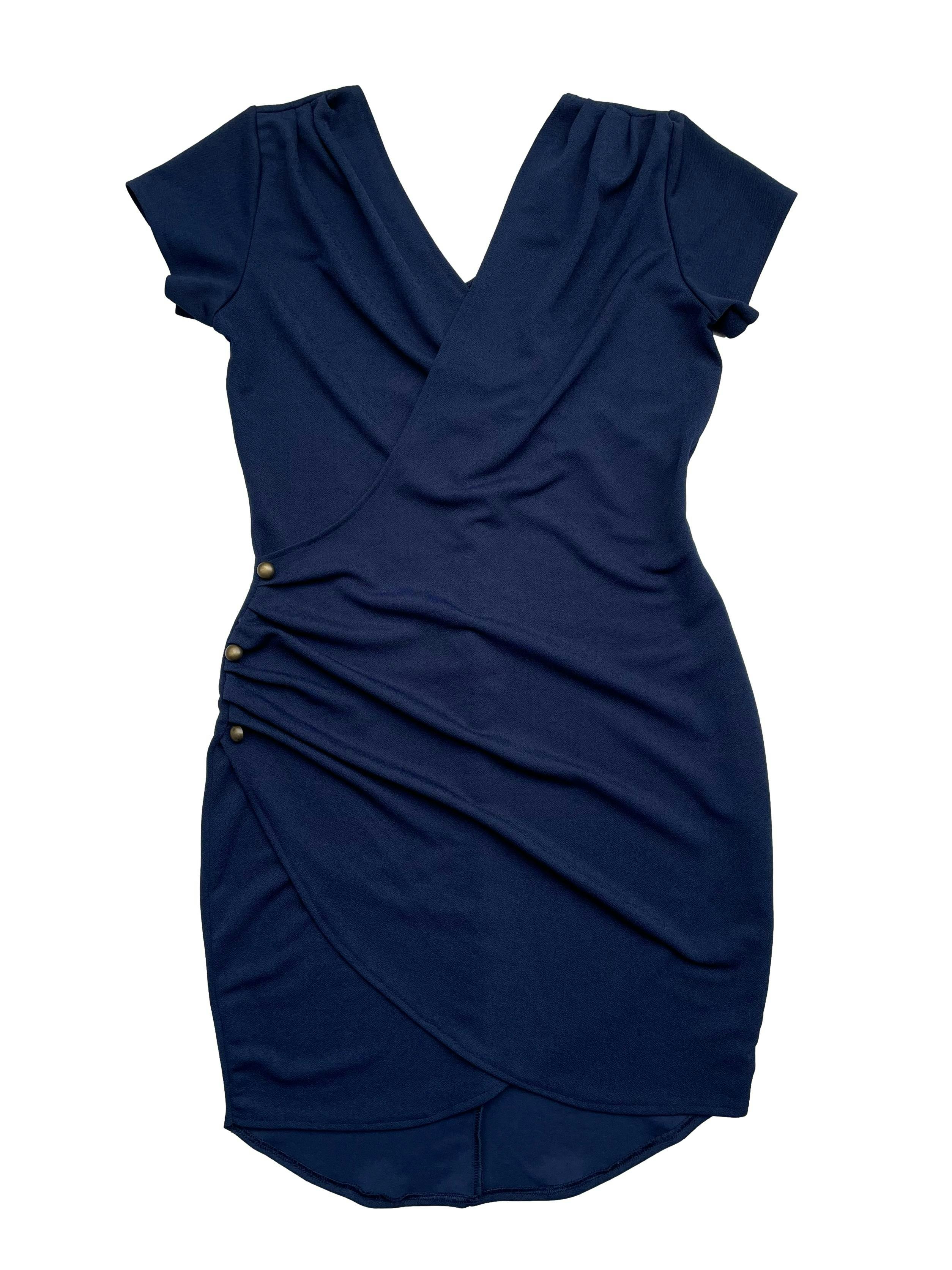 Vestido azulino escote cruzado, drapeado lateral, pliegues en los hombros, tela gruesa stretch. Busto: 90cm. Largo: 90cm
