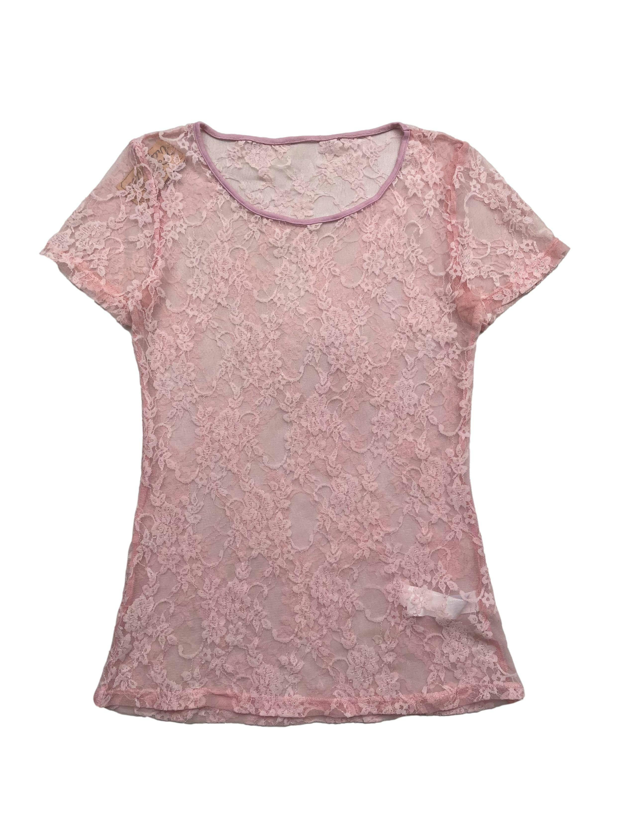 Polo palo rosa de mesh con estampado floral y textura de encaje. Busto 82 cm sin estirar, Largo 60cm.