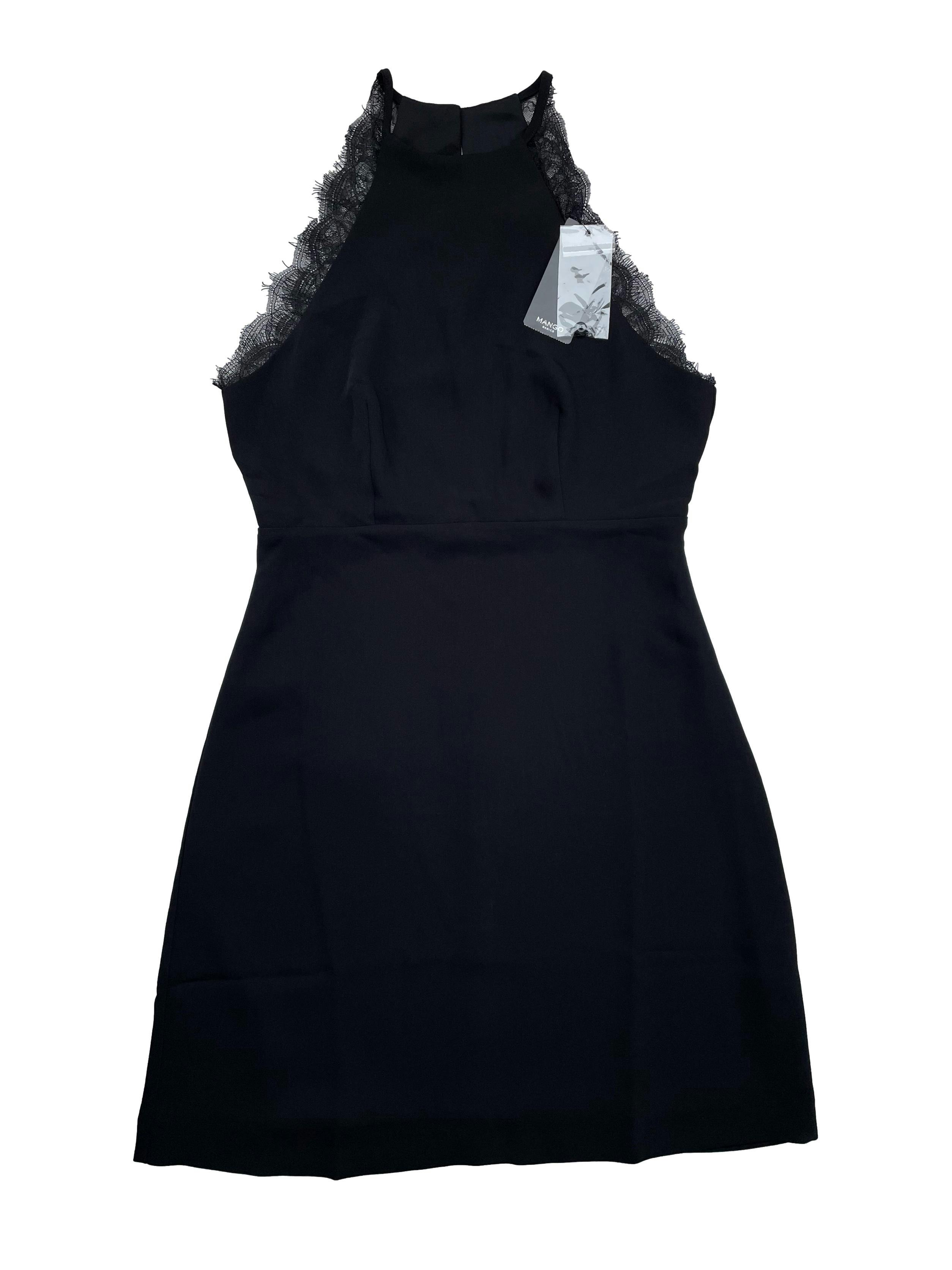 Vestido negro Mango de gasa con forro, cuello halter con encaje, corte en cintura, botones y cierre en espalda. Nuevo con etiqueta, precio original S/250. Busto 90cm, Largo 95cm.