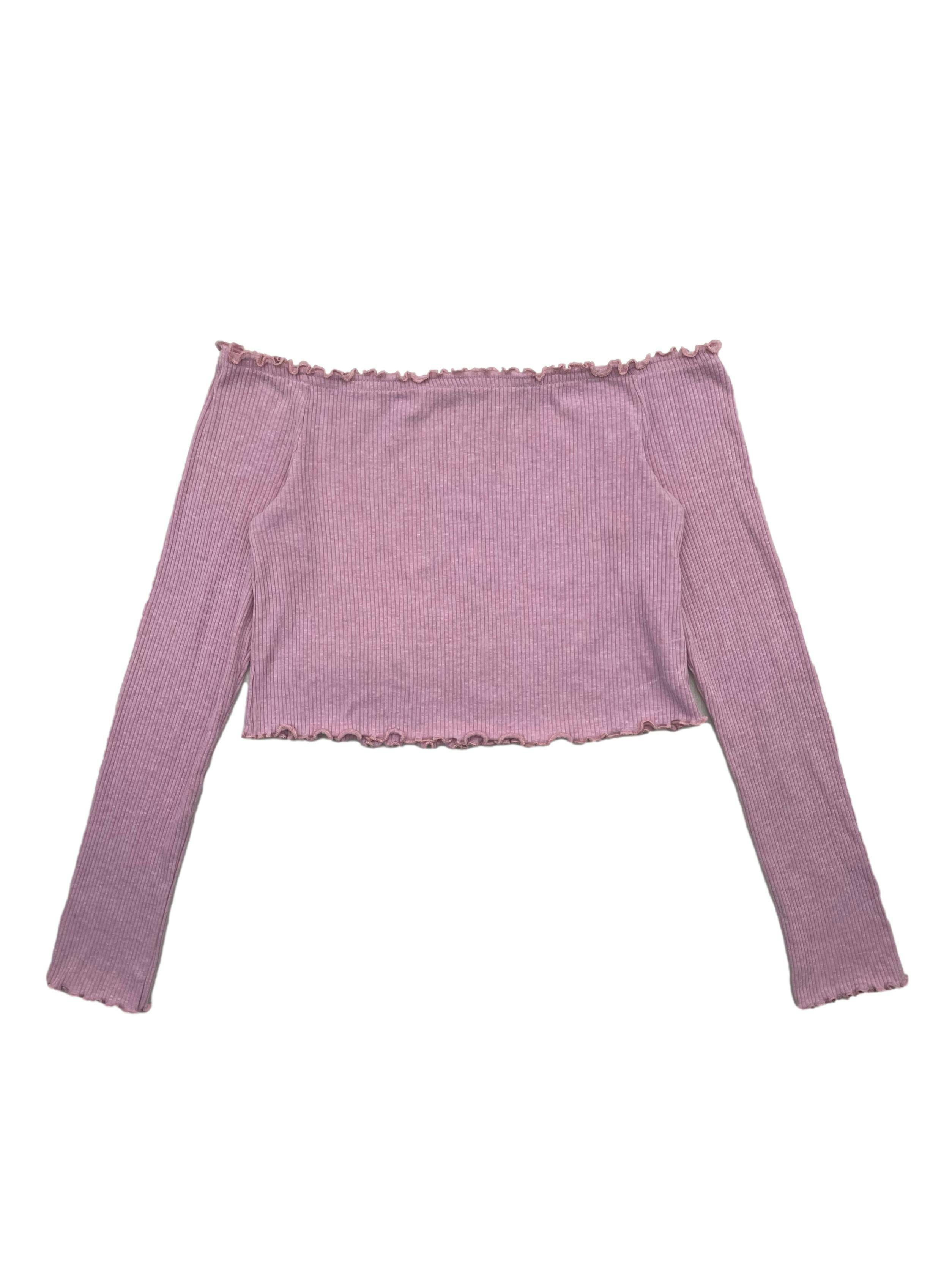 Polo off shoulder H&M rosado de tela acanalada con antideslizante en escote y acabados de lechuga. Busto 72cm sin estirar, Largo 32cm.