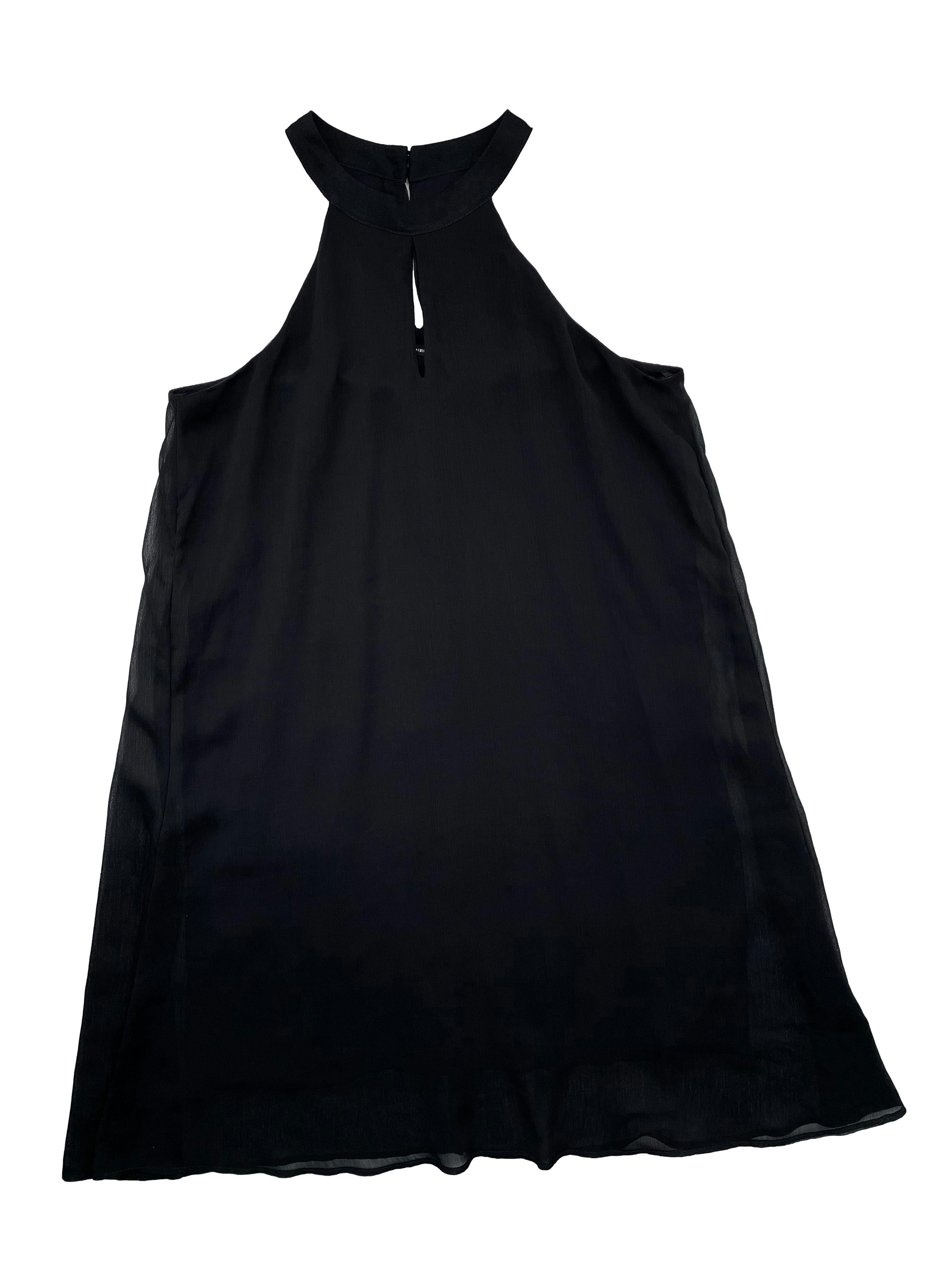 Vestido Marquis de gasa negra con forro, botón posterior en el cuelo, corte en A. Busto 100 cm Largo 90cm