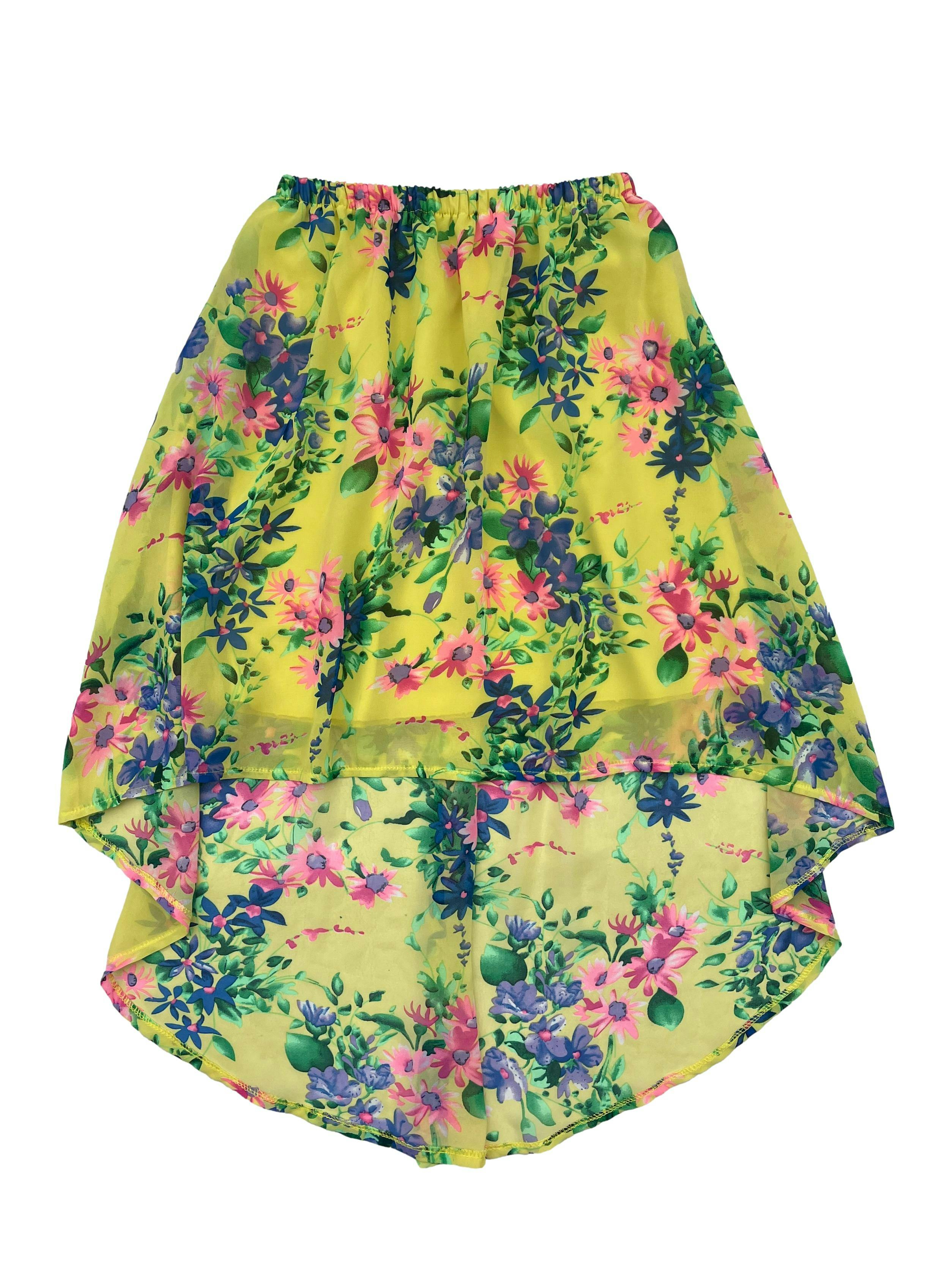 Falda asimétrica de gasa con estampado floral y forro, cintura elasticada. Cintura 50cm sin estirar, Largo 45-70cm.