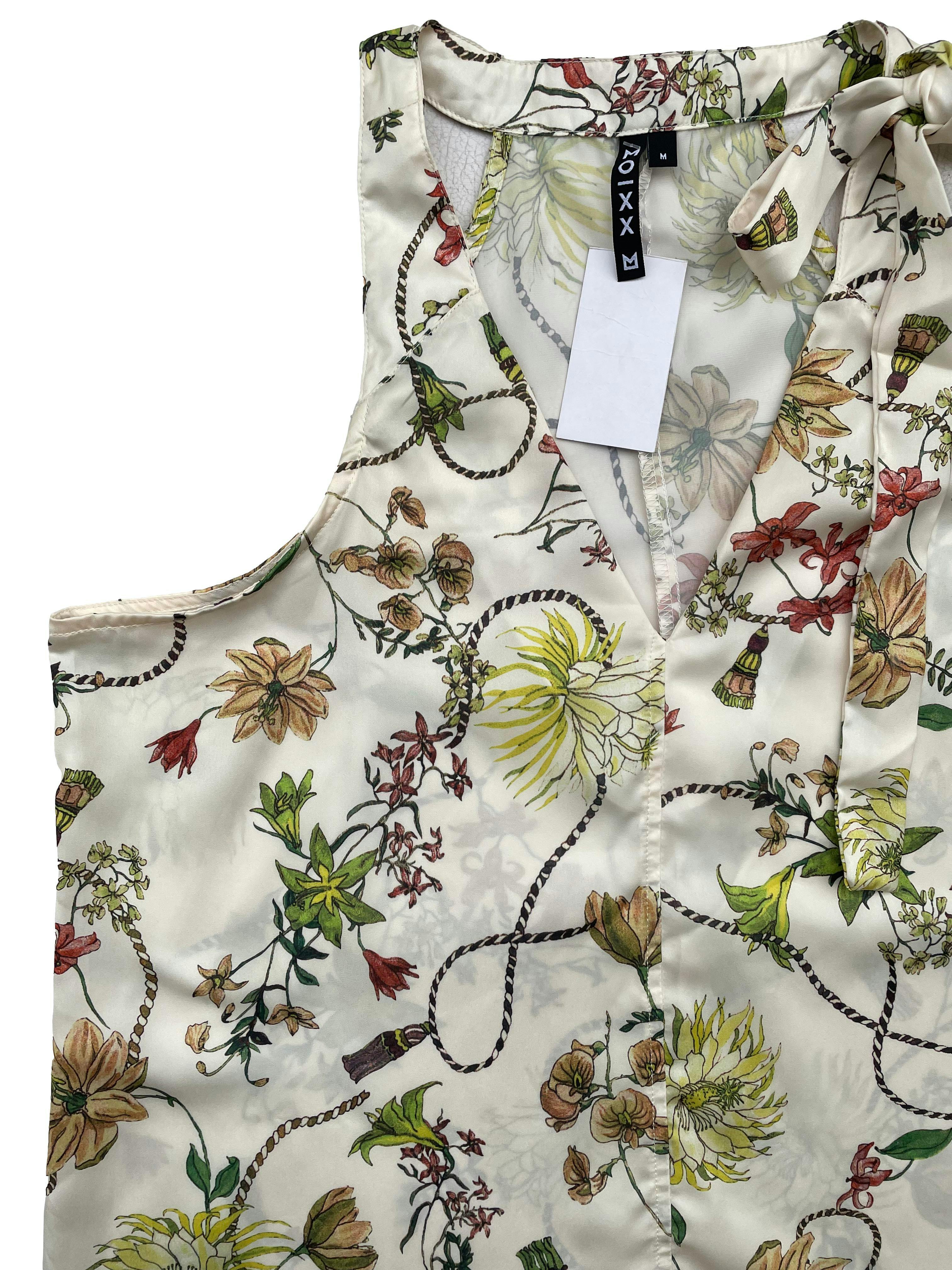 Blusa Moixx de tela sedosa crema con estampado de hojas, lazo en cuello. Busto 100cm Largo 65cm