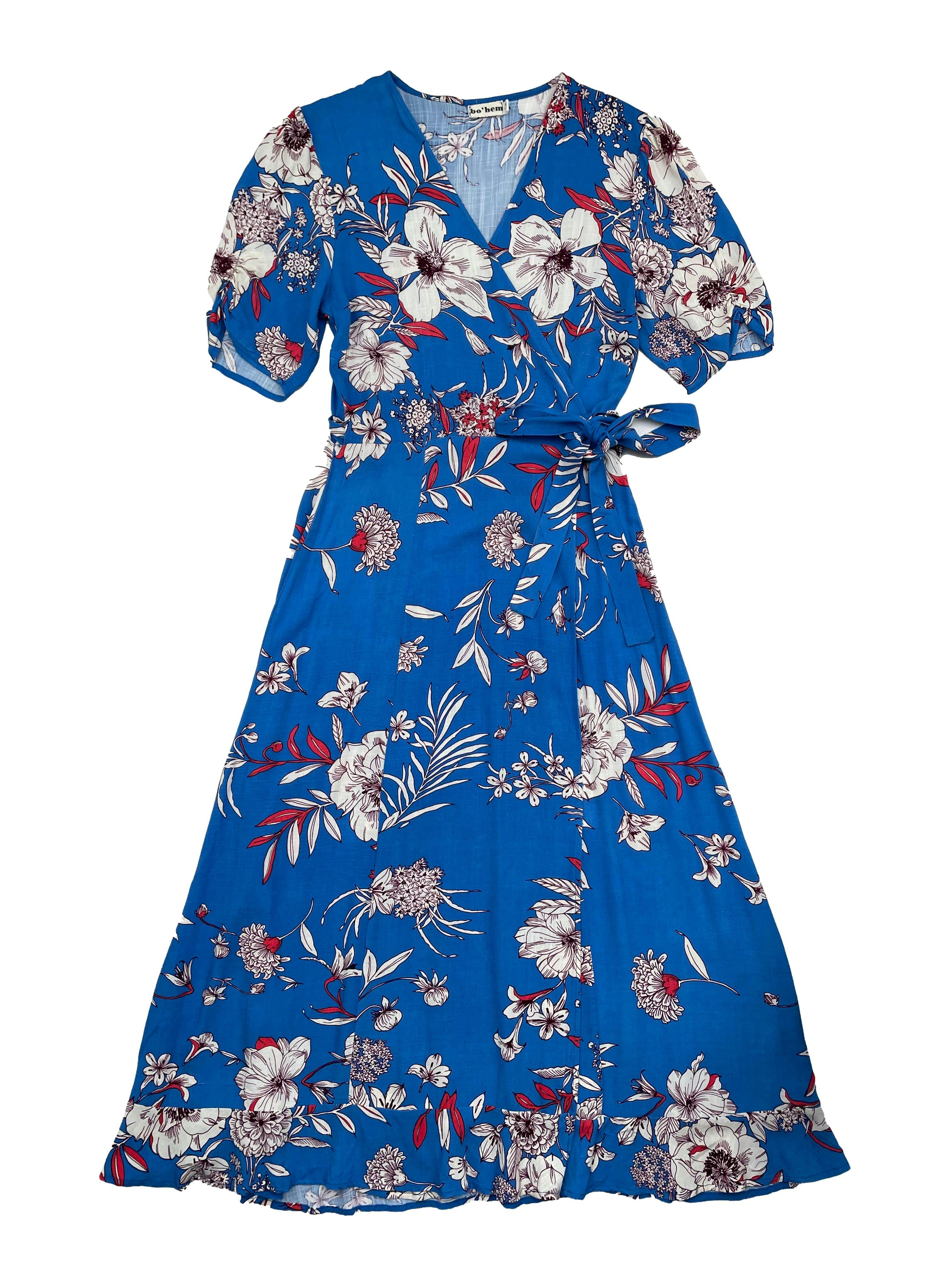 Vestido Bohem envolvente azul con flores, tela fresca. Busto 100cm Largo 120cm