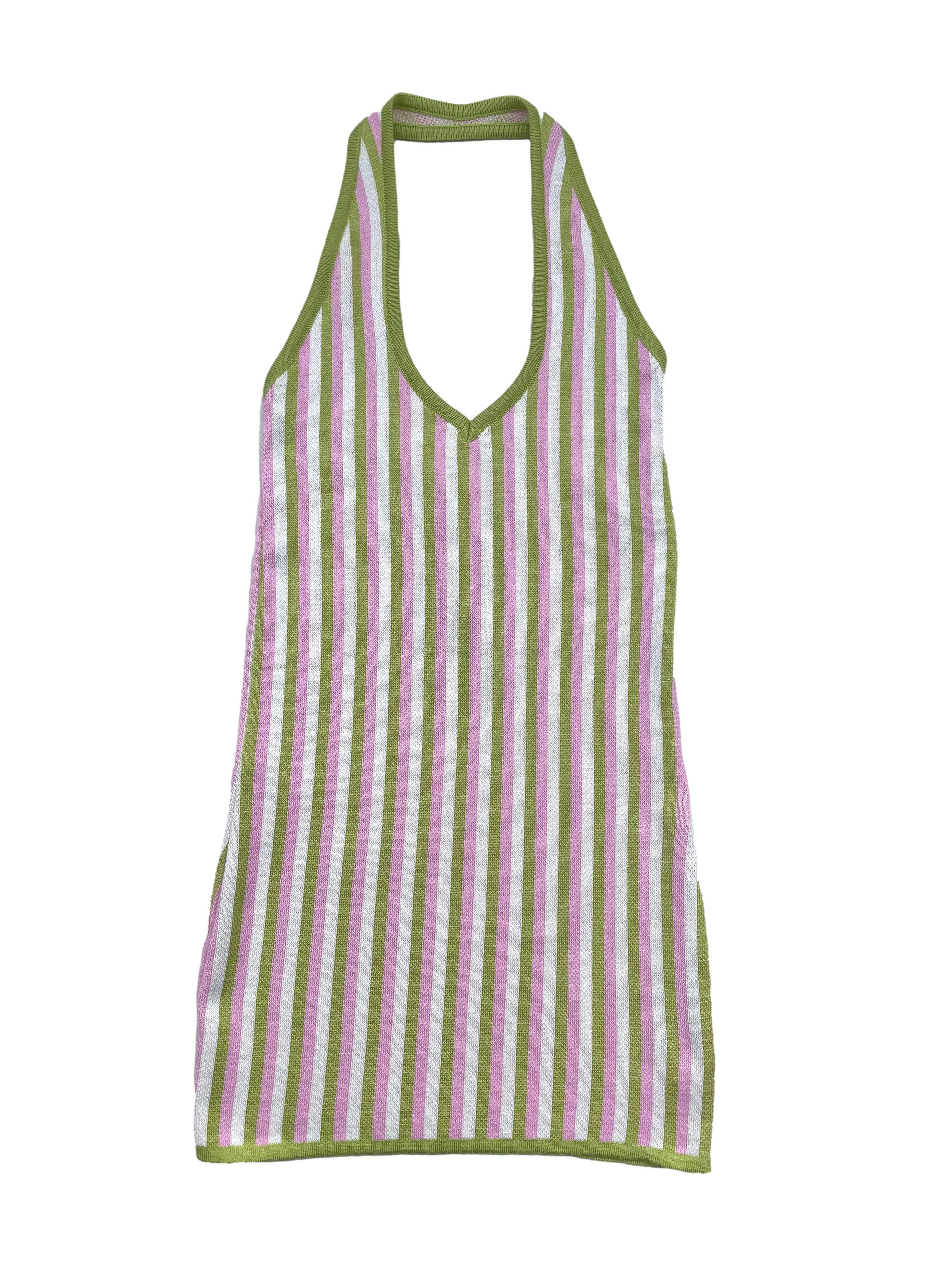 Vestido knit Meh, a rayas en verde y rosado, modelo entallado, cuello halter con escote en V. Busto 66cm sin estirar, Largo 80cm. Precio original S/ 199