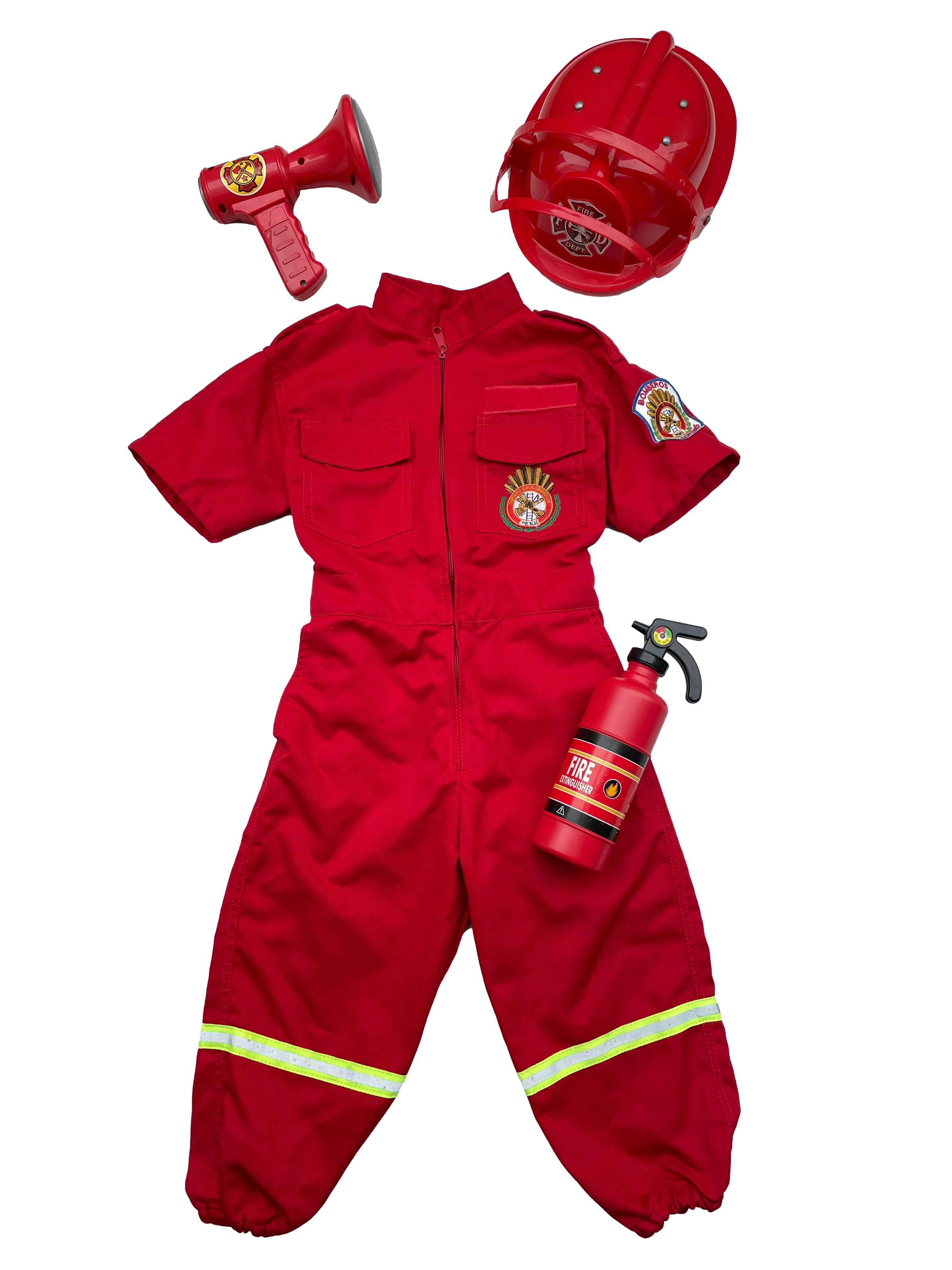 Disfraz bombero incluye enterizo, casco, extintor y bocina